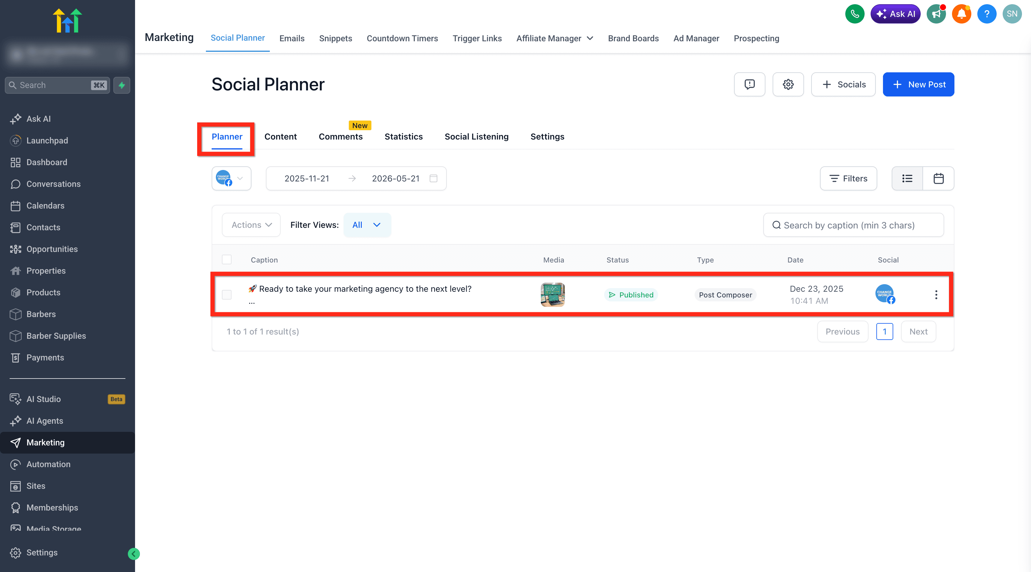 Schermata 5 — Social Planner - Sincronizzazione Post Facebook