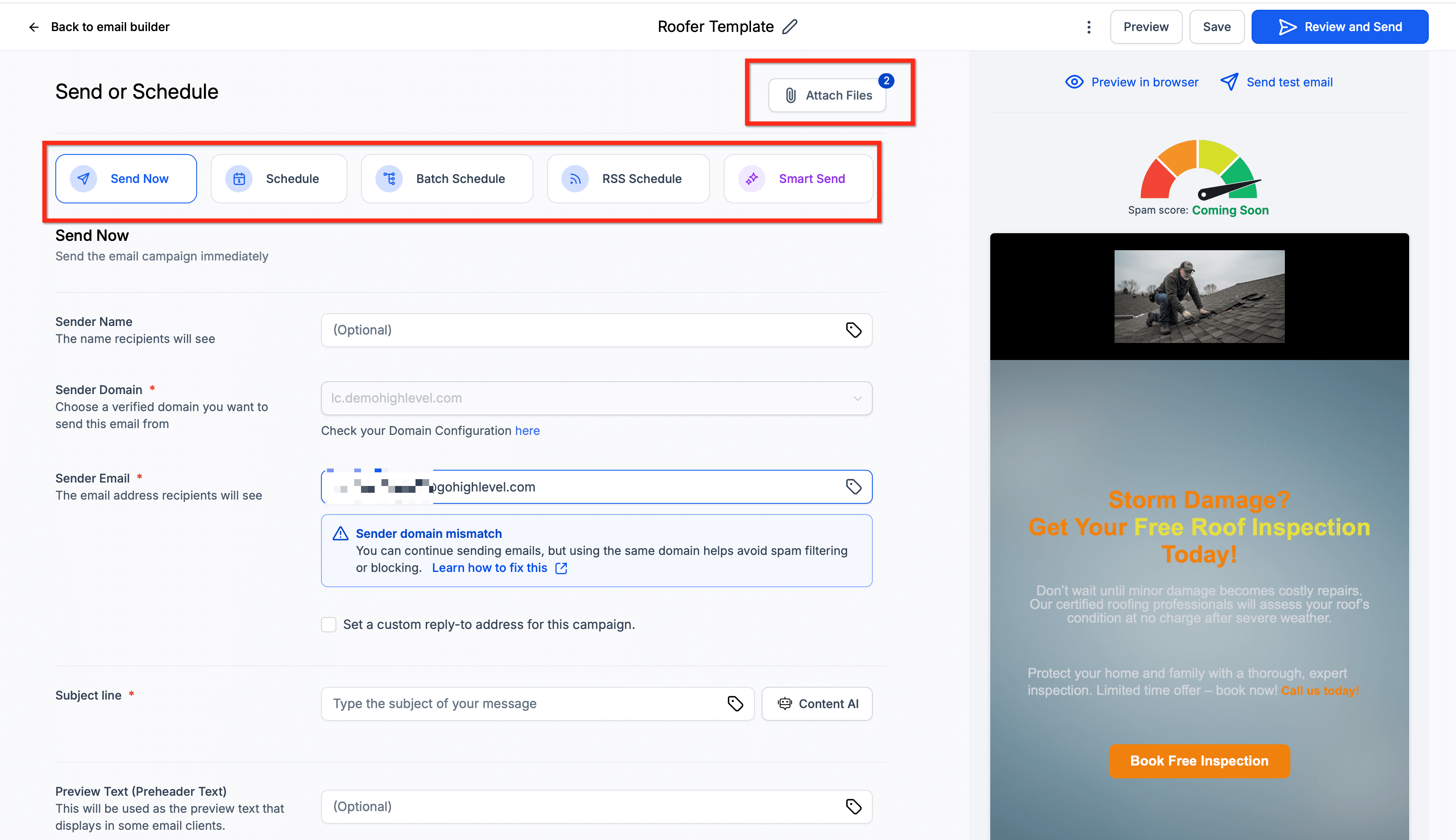 Schermata 6 — Allega file alle Campaign email nell'Email Builder