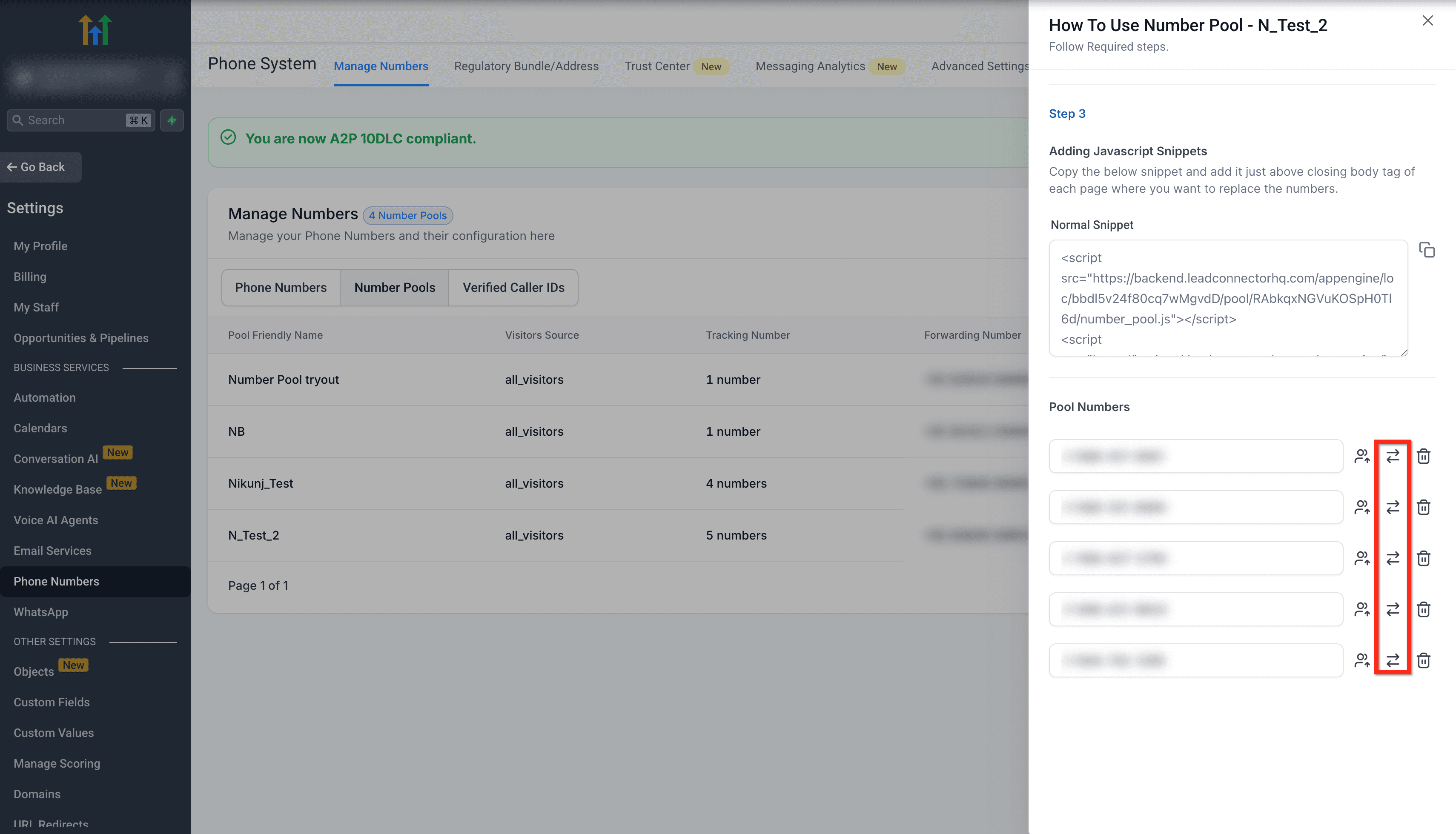 Schermata 7 — Gestione Avanzata del Number Pool per il Tracciamento delle Visite