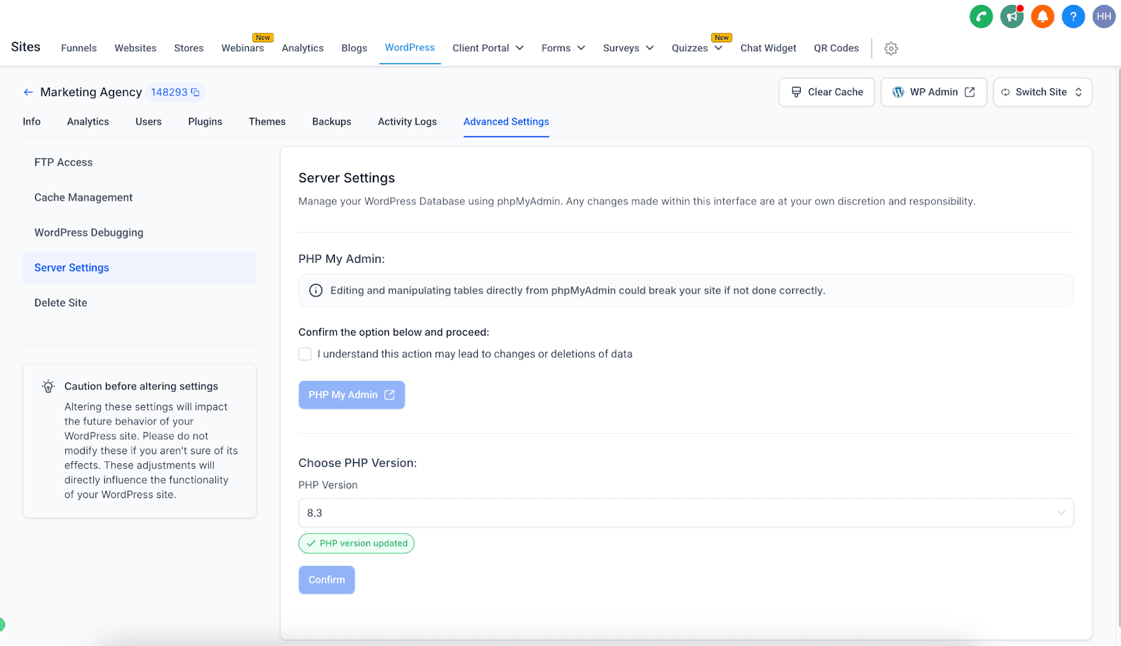 Schermata 4 — Aggiornamento versione PHP di WordPress