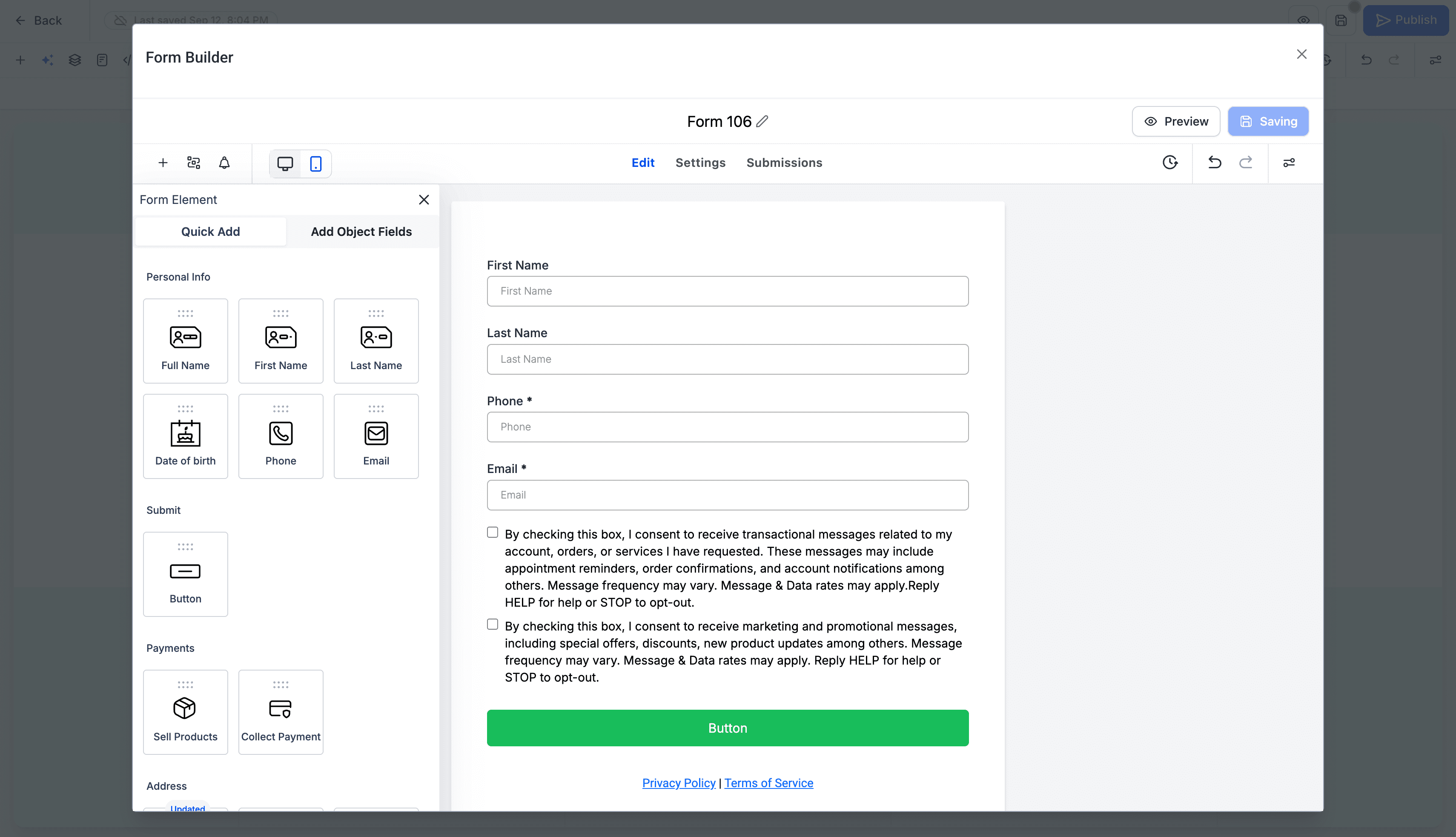 Schermata 6 — Creare Form e Survey nel Site Builder