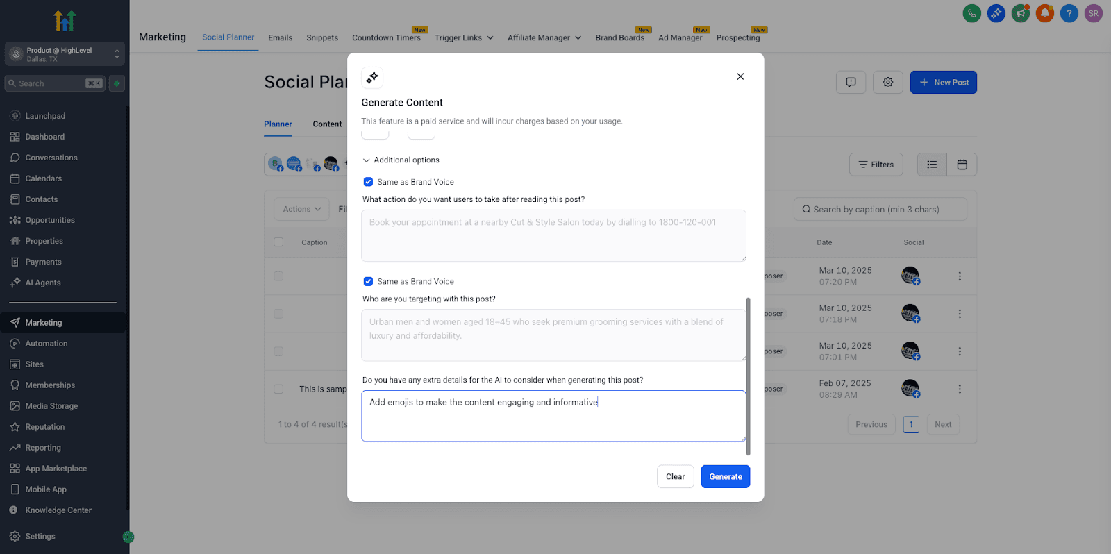 Schermata 1 — Content AI: Domande Guidate per la Creazione di Contenuti nel Social Planner