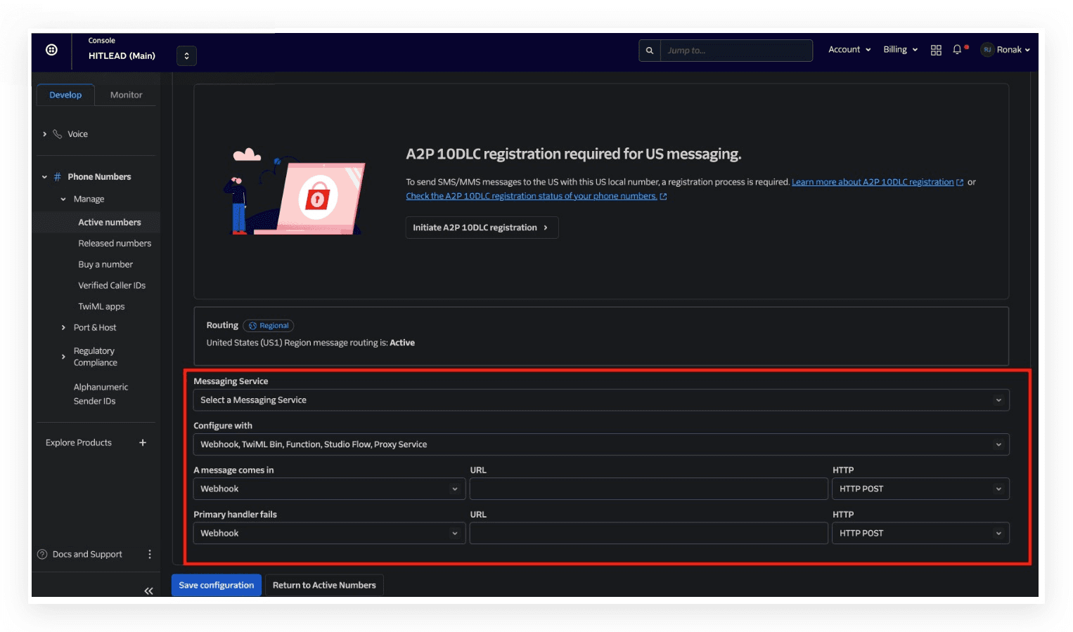 Schermata 6 — Configurare i webhook per ricevere chiamate in entrata, messaggi e aggiornamenti di stato delle chiamate (per utenti Twilio)