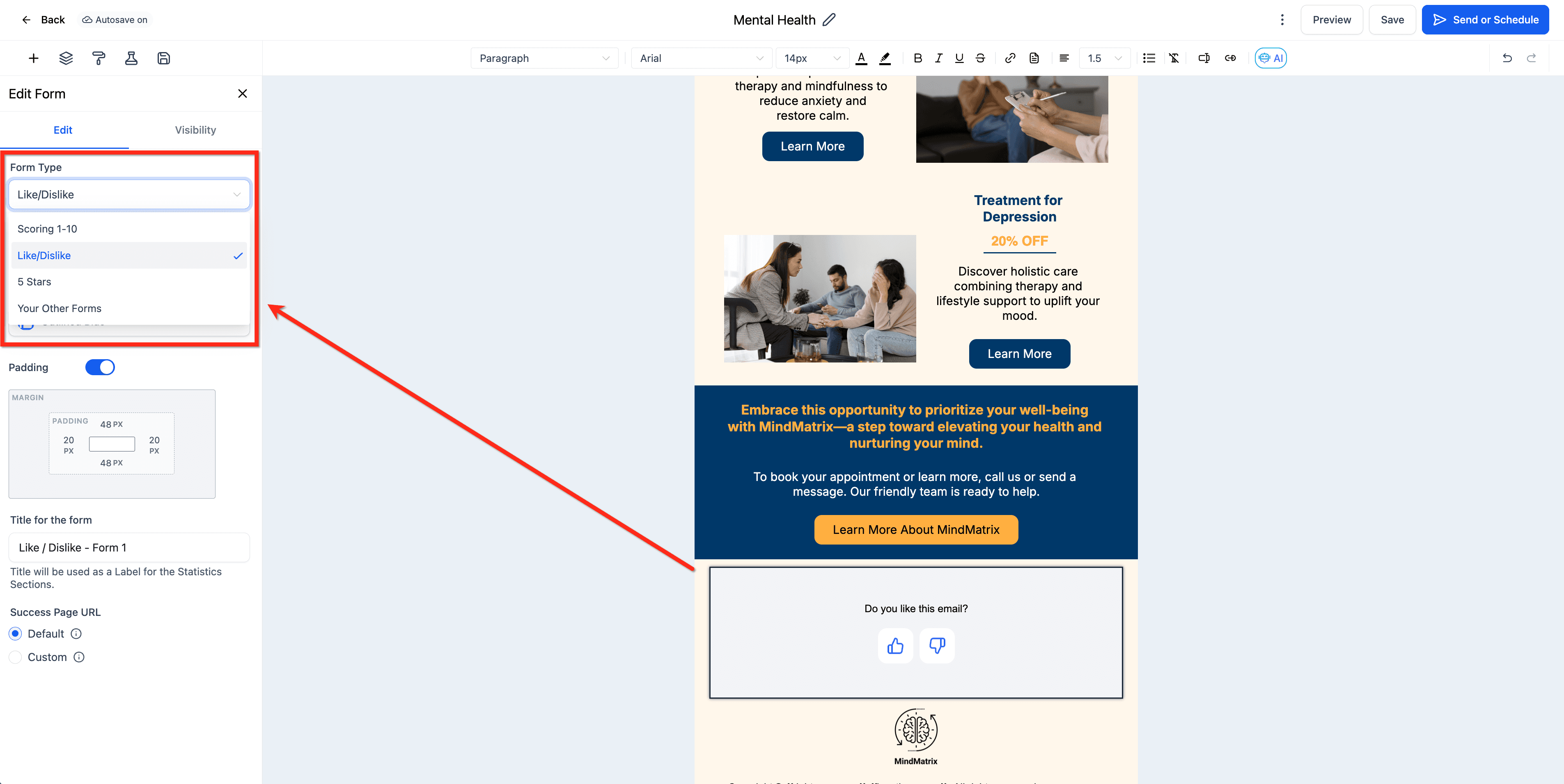 Schermata 9 — Usare l'elemento Inline Form/Survey nelle campagne email