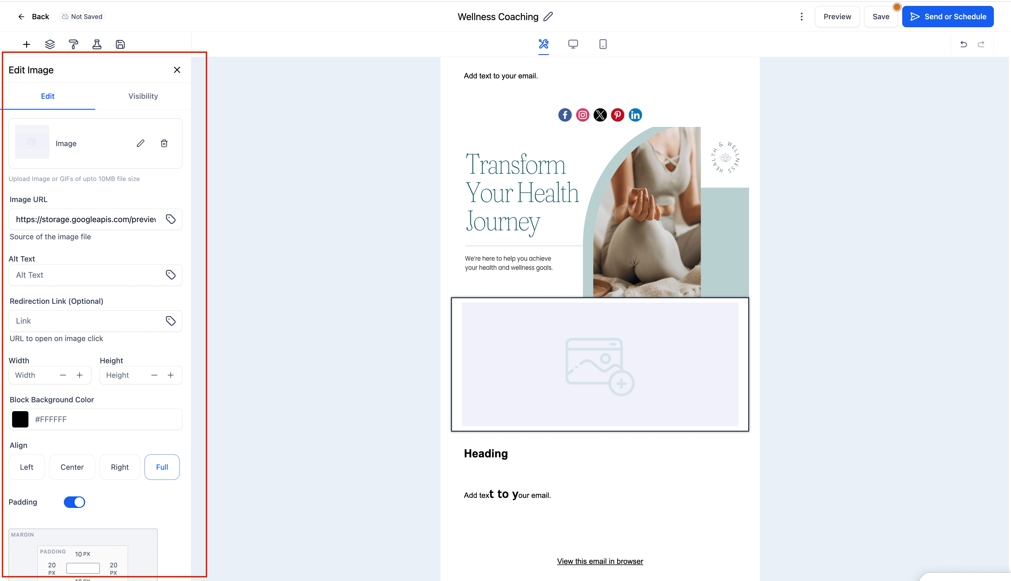 Schermata 4 — Elemento Immagine nell'Email Builder
