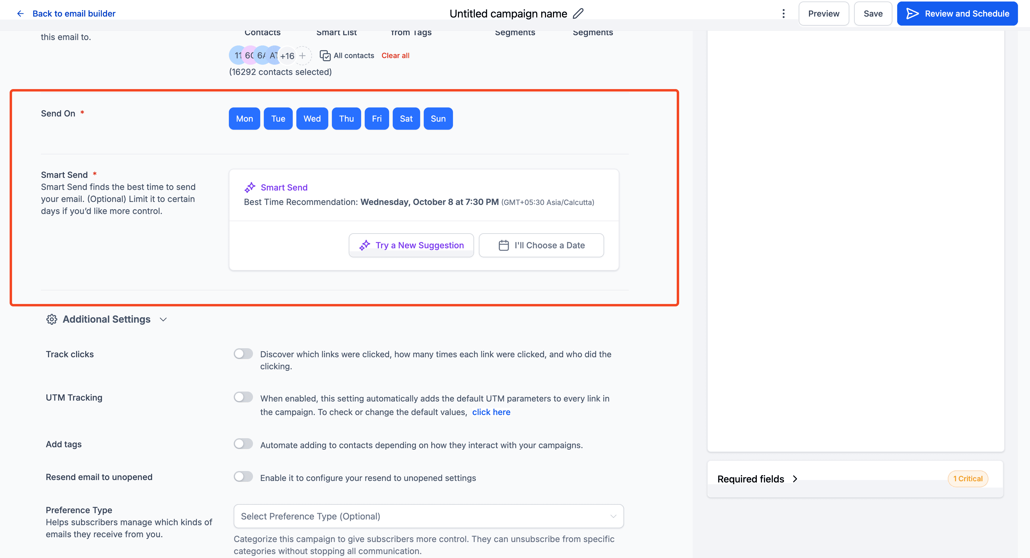 Schermata 3 — Smart Send: Raccomandazione del Momento Ottimale nelle Campaign Email