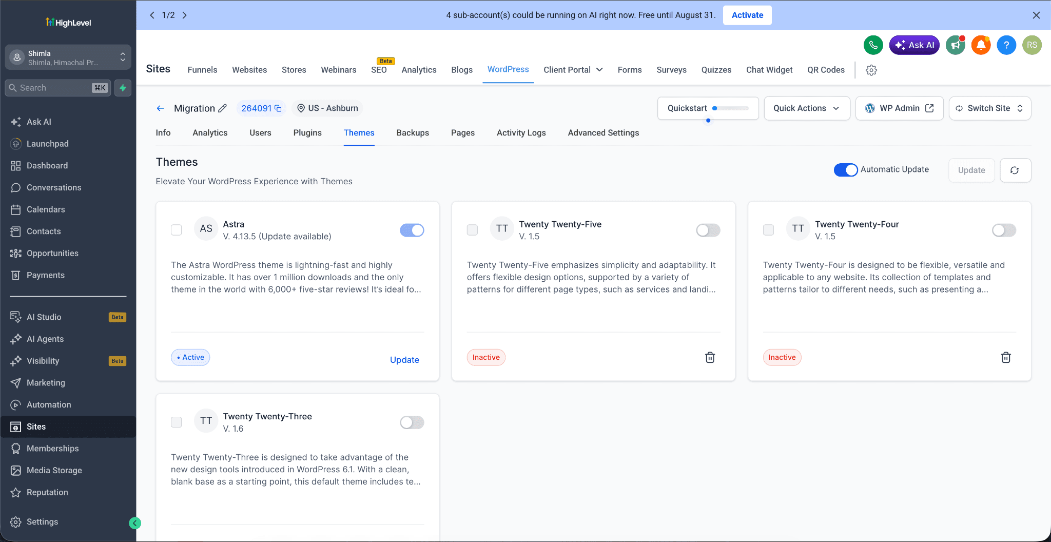 Schermata 3 — Gestione Plugin e Temi WordPress