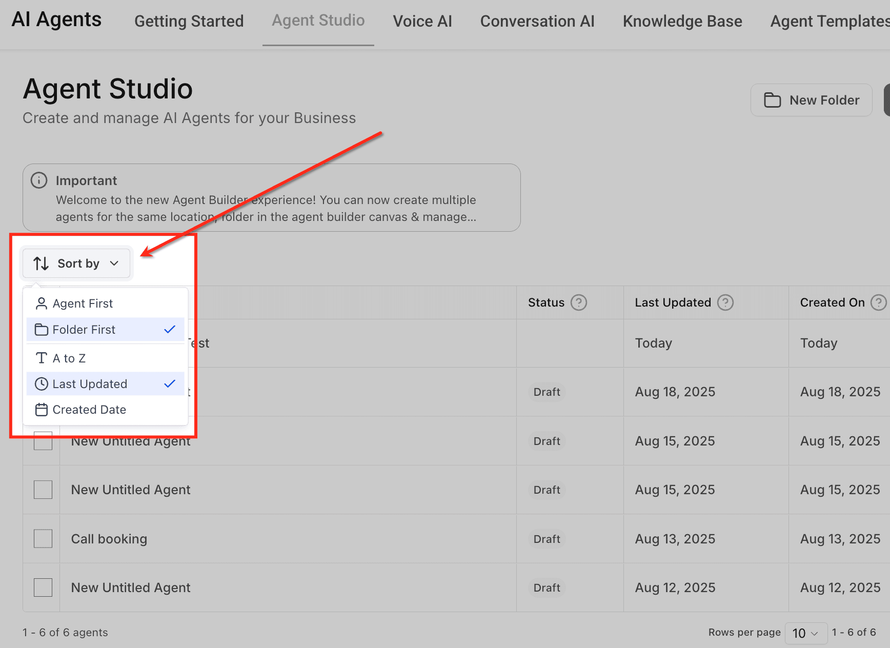 Schermata 3 — Come creare e gestire le cartelle in Agent Studio