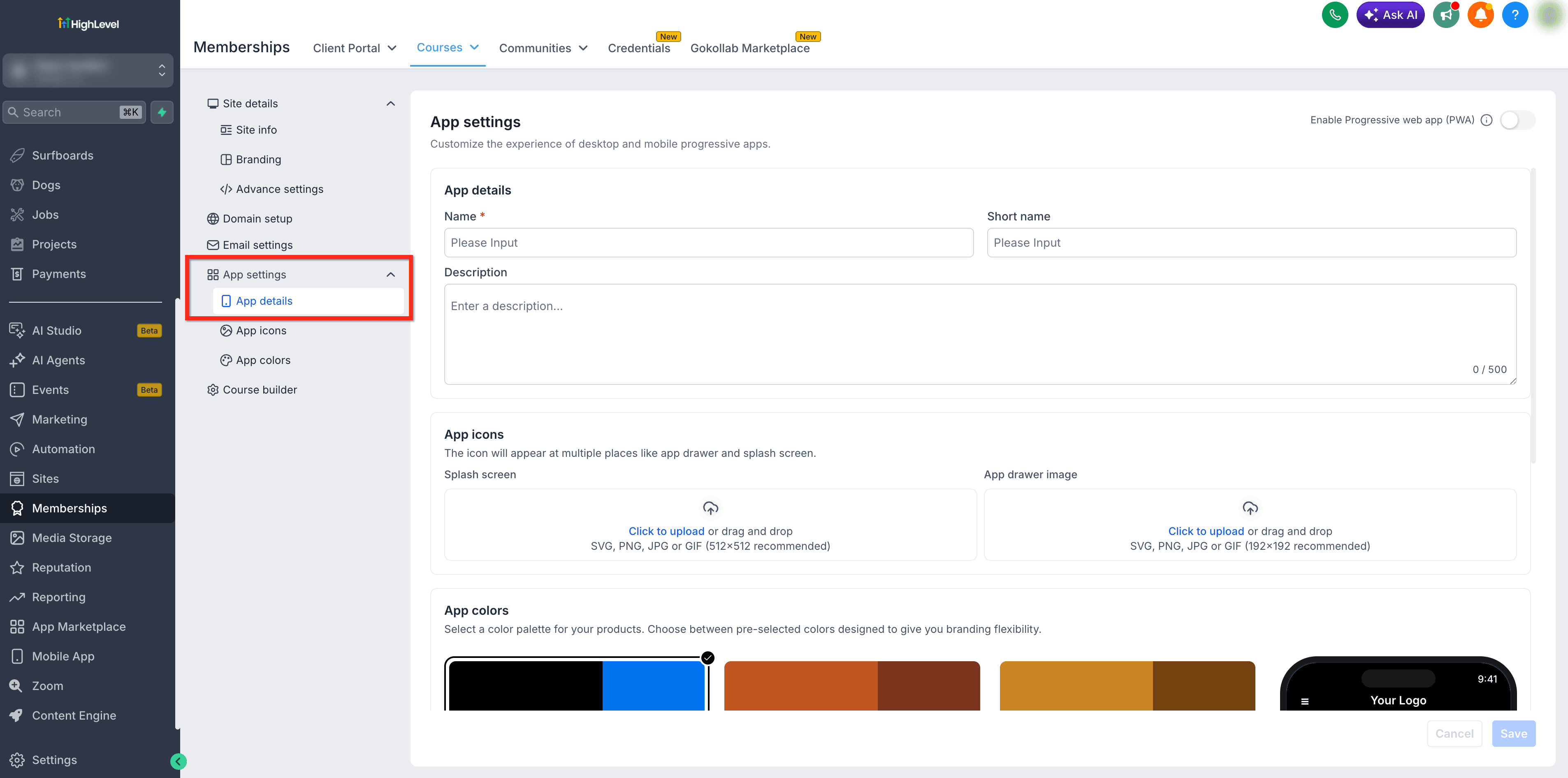 Schermata 2 — Come creare una Membership PWA Whitelabel in Legacy Memberships