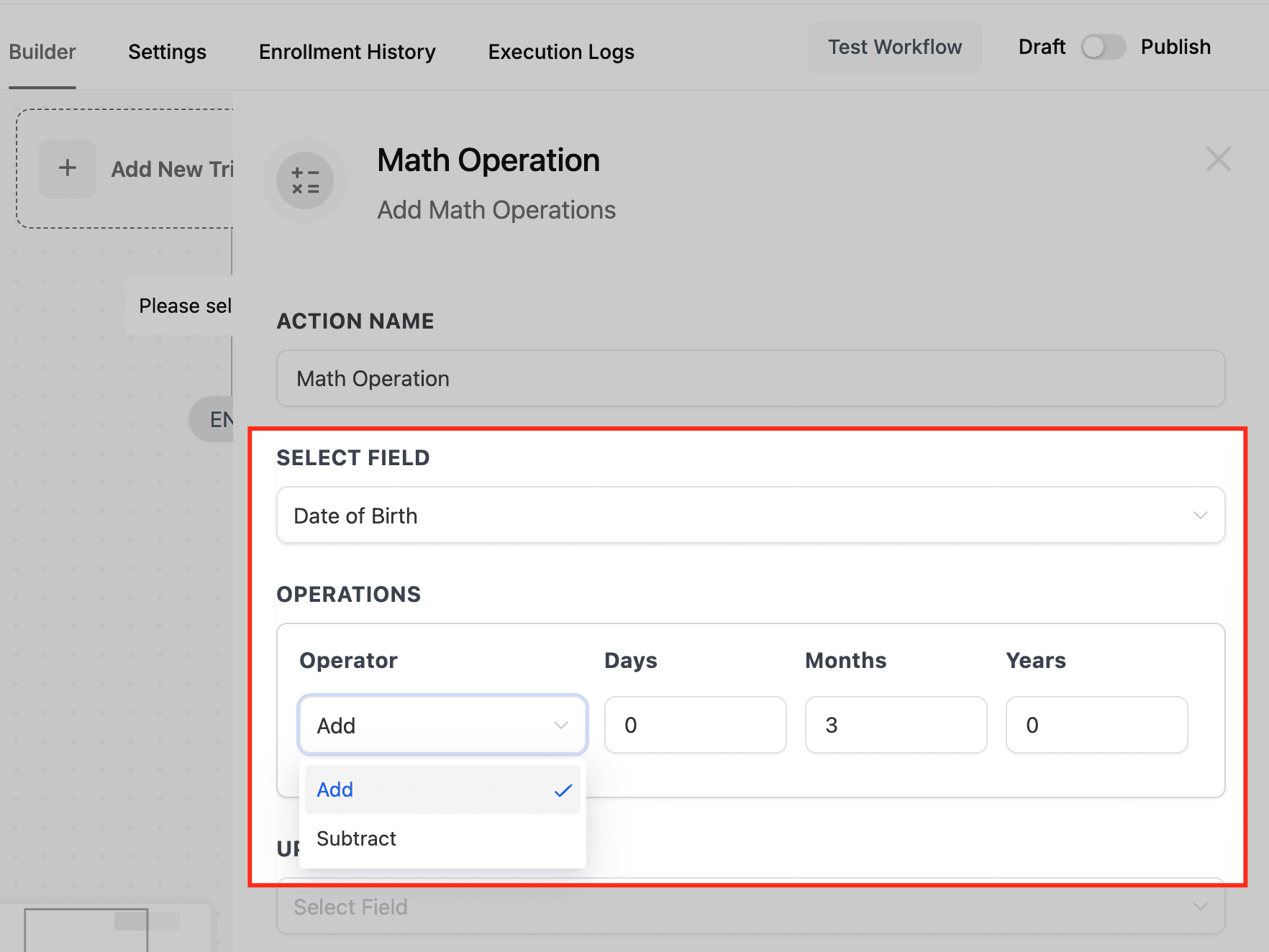 Schermata 5 — Azione Workflow - Operazione Matematica