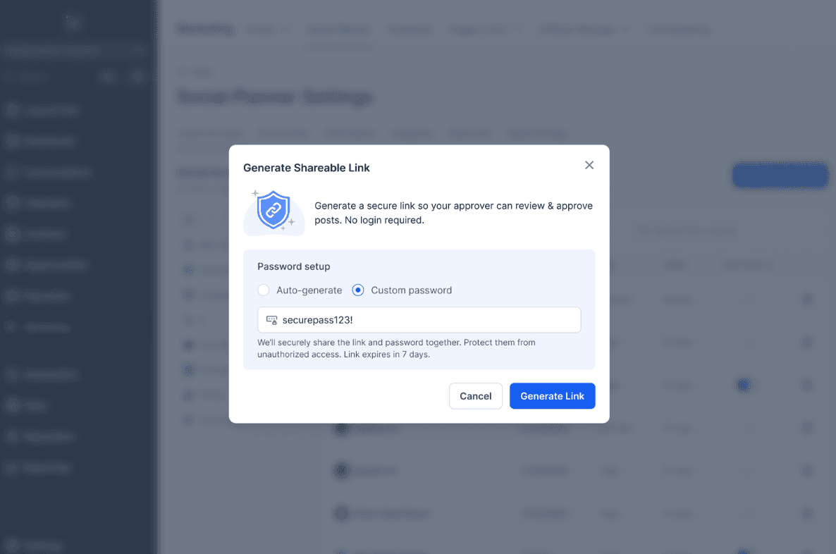 Schermata 3 — Flusso di Approvazione con Link Esterno nel Social Planner