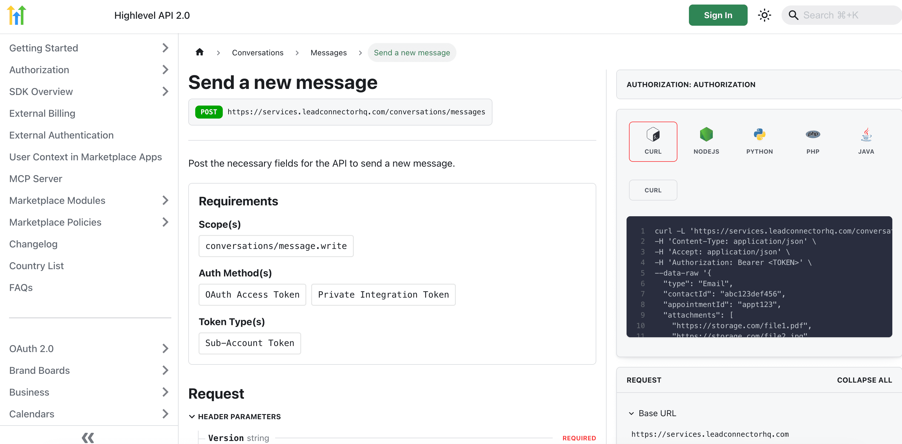 Schermata 1 — Conversations API - Aggiungere un Messaggio in Entrata (con Contact ID)