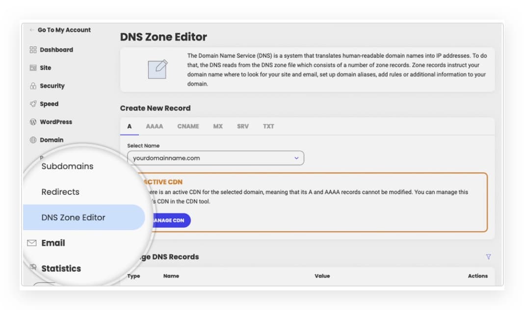 Siteground Site Tools > Domain > DNS Zone Editor