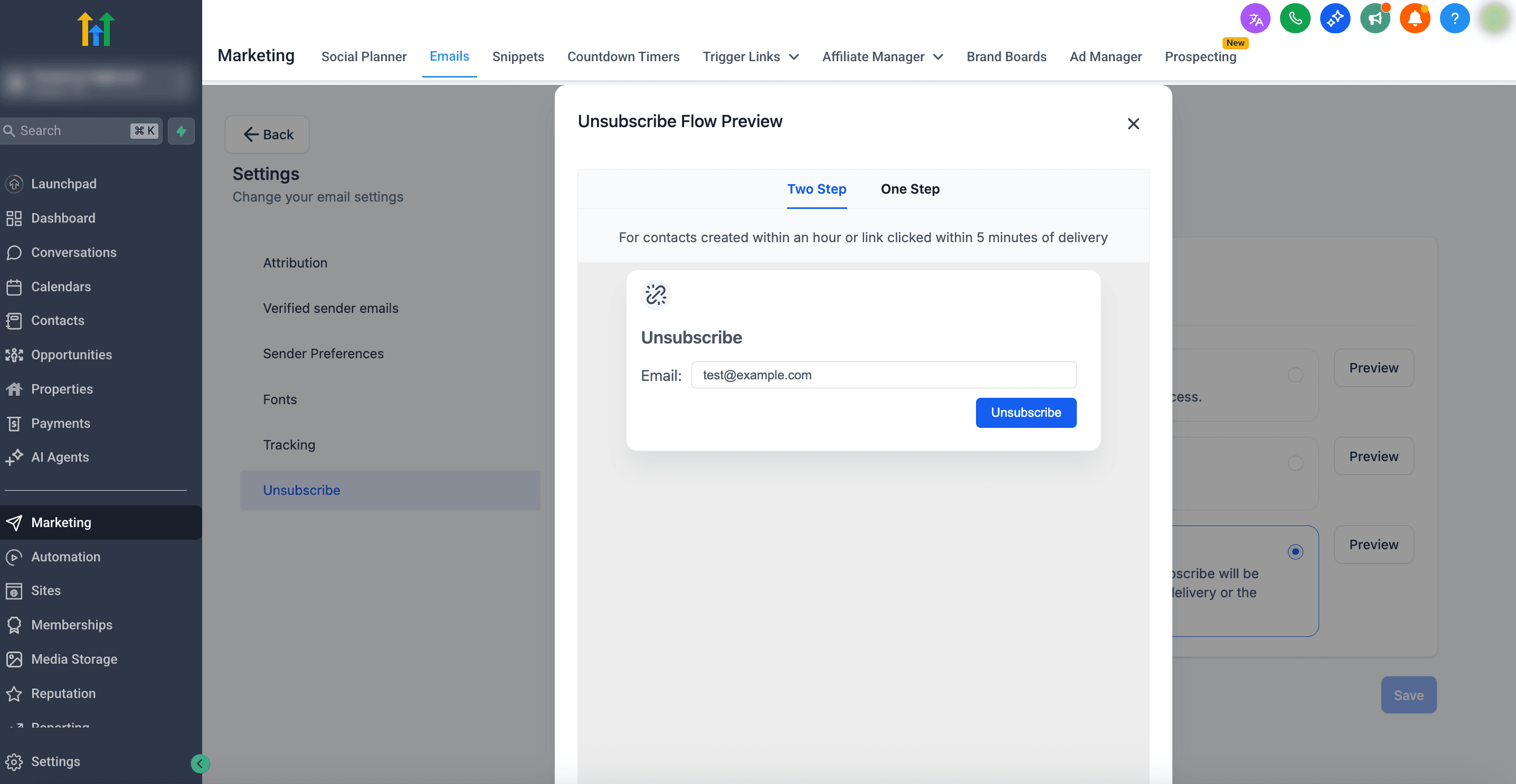 Schermata 5 — Configurare i Flussi di Disiscrizione (One-Step, Two-Step, Dynamic)