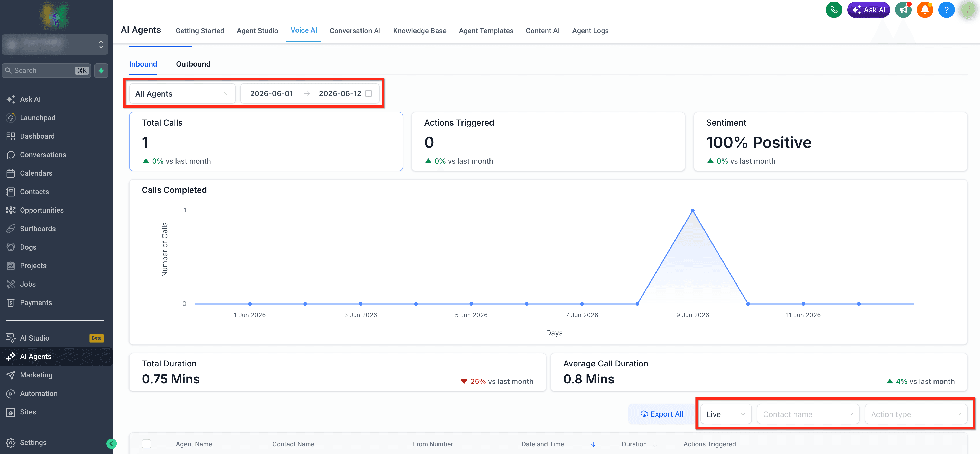 Schermata 3 — Log delle Chiamate per gli Agenti Voice AI