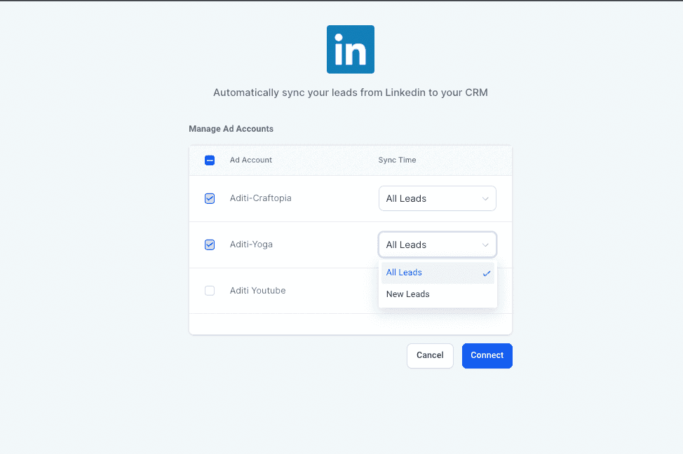 Schermata 3 — Integrazione LinkedIn Lead Ads