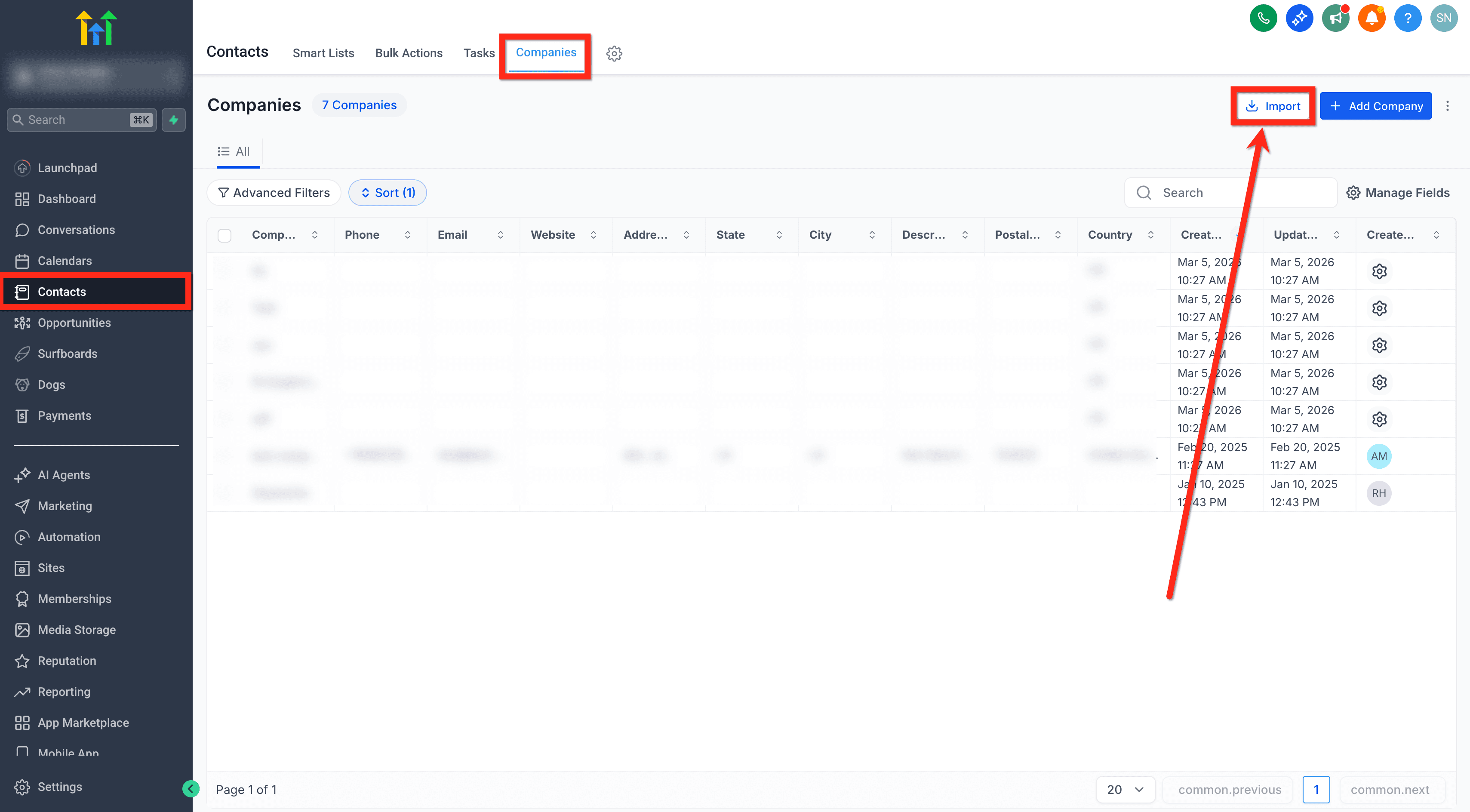 Schermata 2 — Come importare aziende in blocco tramite file CSV
