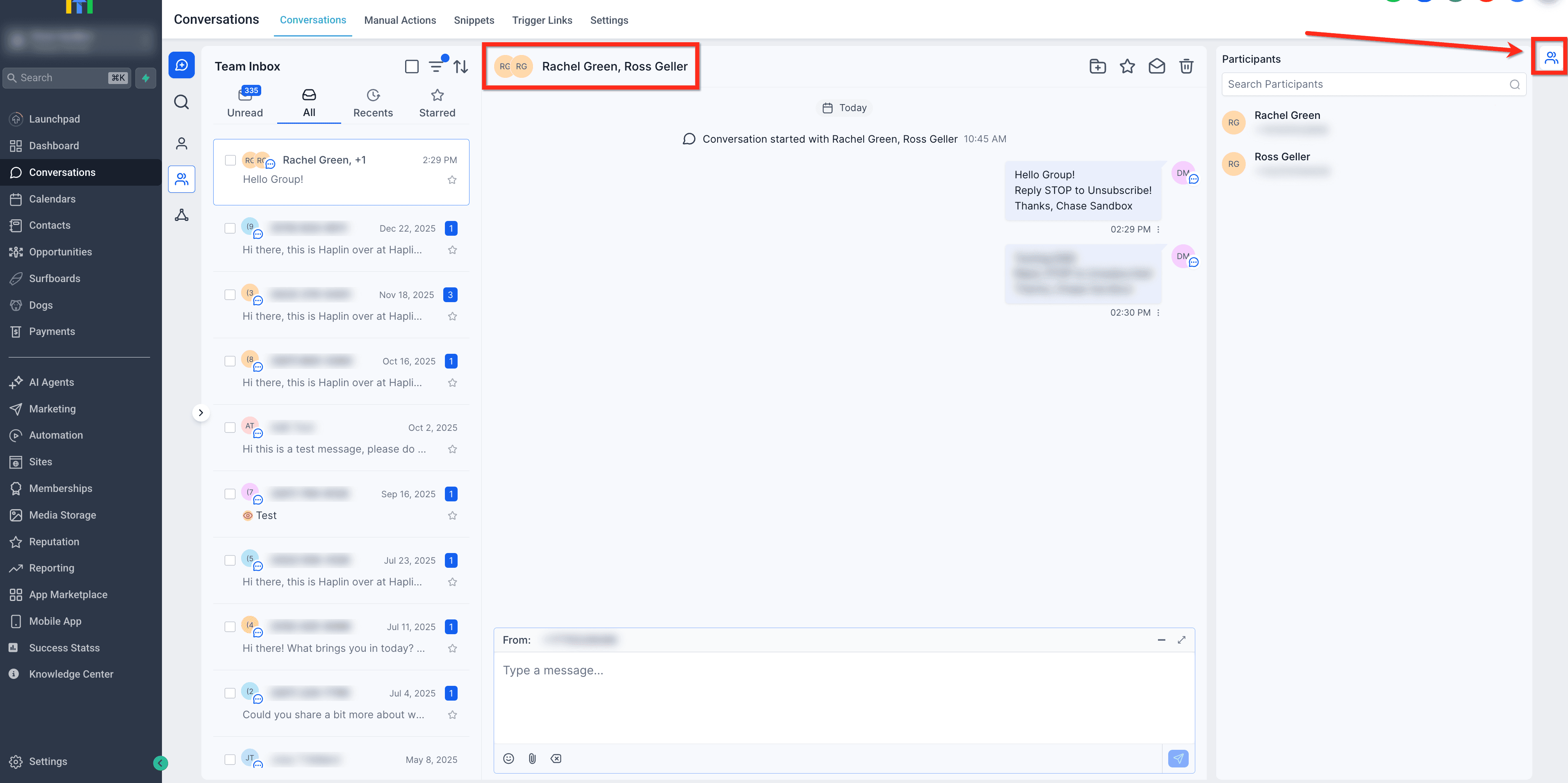 Schermata 6 — Conversazioni: Group Chat per SMS (Mobile e Desktop)