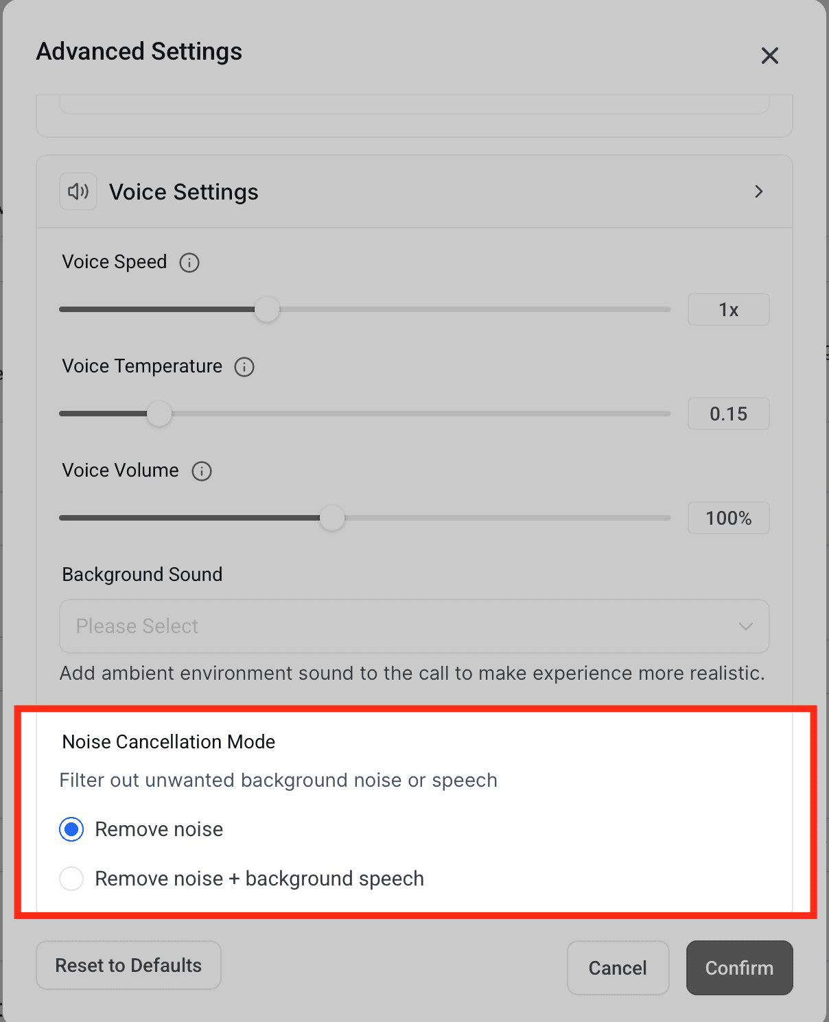 Schermata 1 — Voice AI: Riduzione del Rumore e Backchanneling