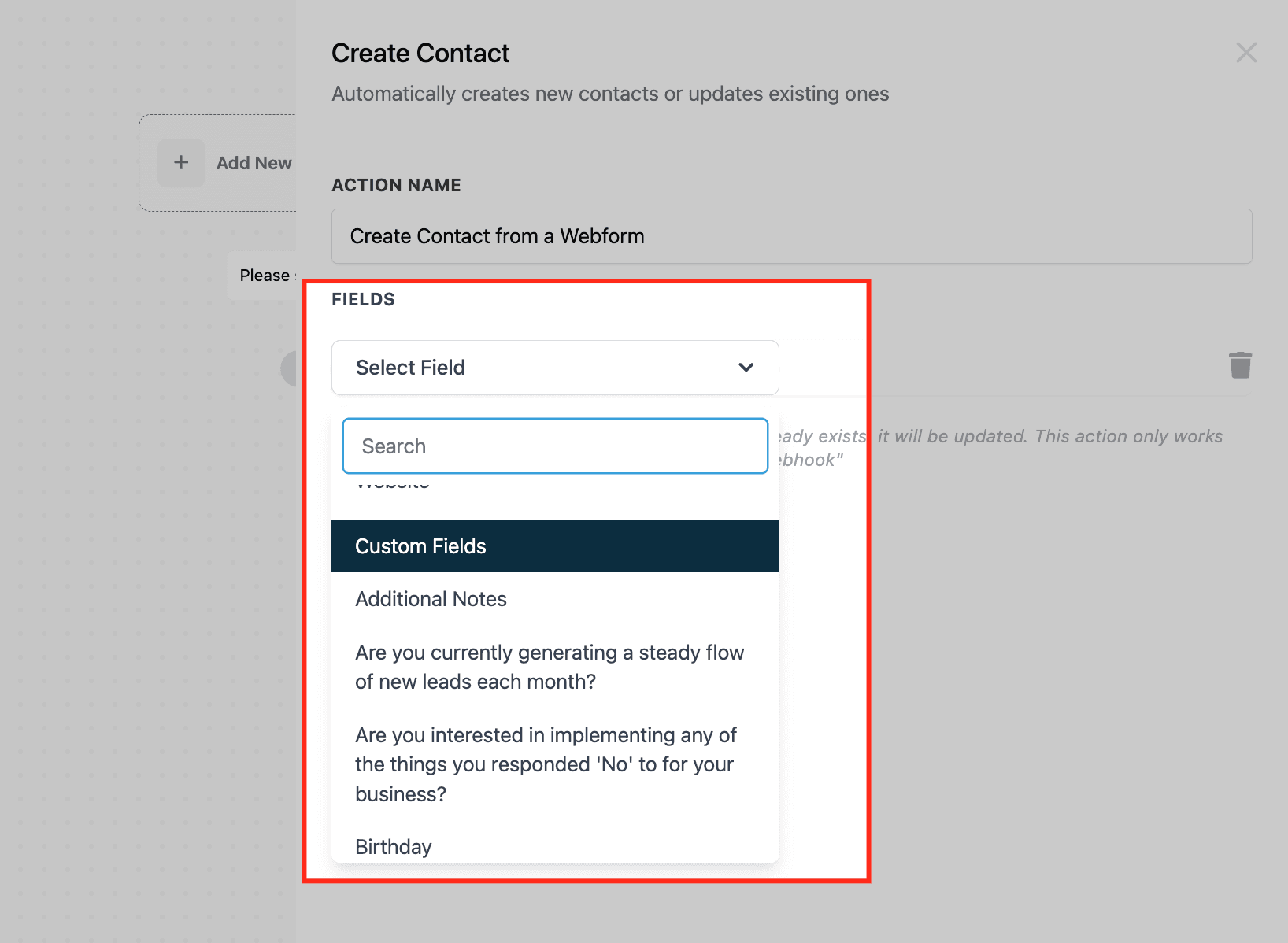 Schermata 4 — Azione Workflow - Crea Contatto