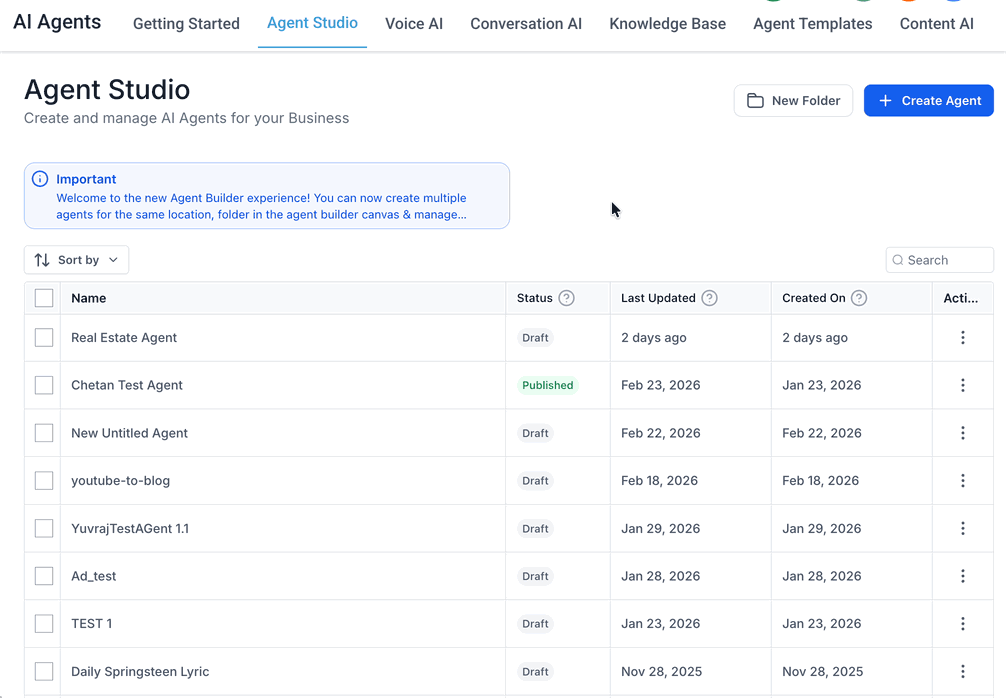Schermata 2 — Come creare e gestire le cartelle in Agent Studio
