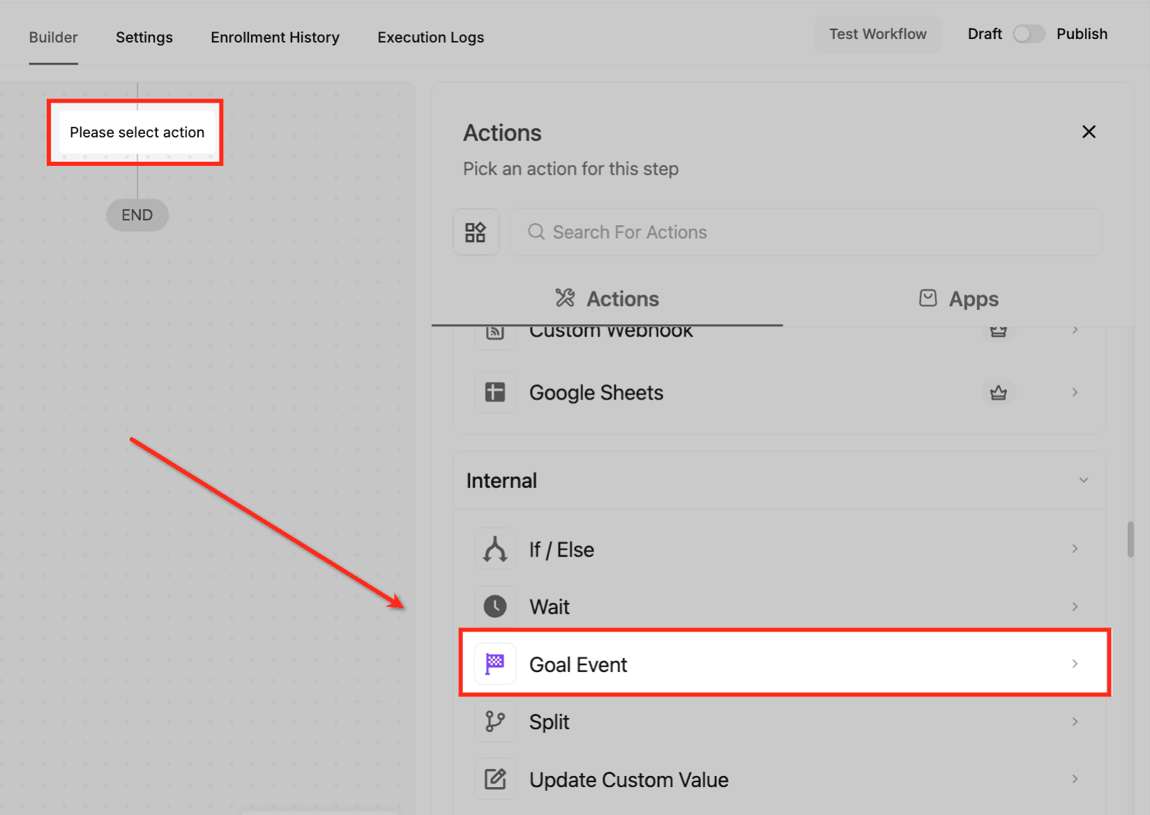 Schermata 8 — Azione Workflow - Goal Event
