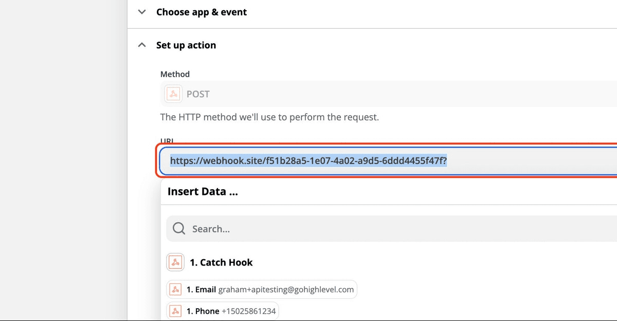 Sostituisci l'URL API di HITLEAD con l'URL di test di Webhook.site