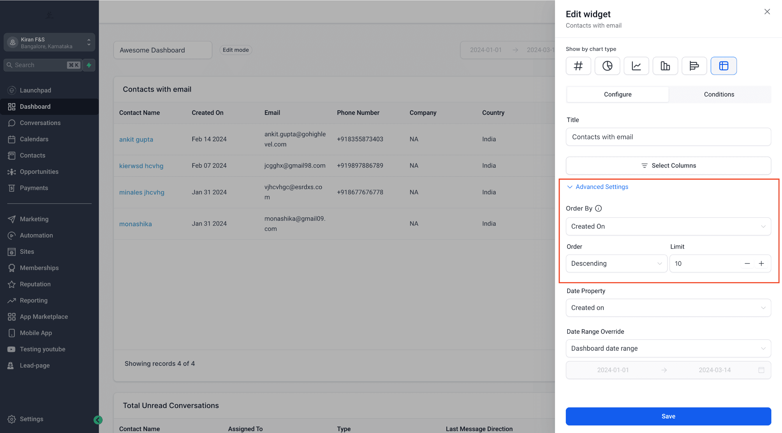 Schermata 3 — Come usare i Grafici a Tabella per i Widget della Dashboard