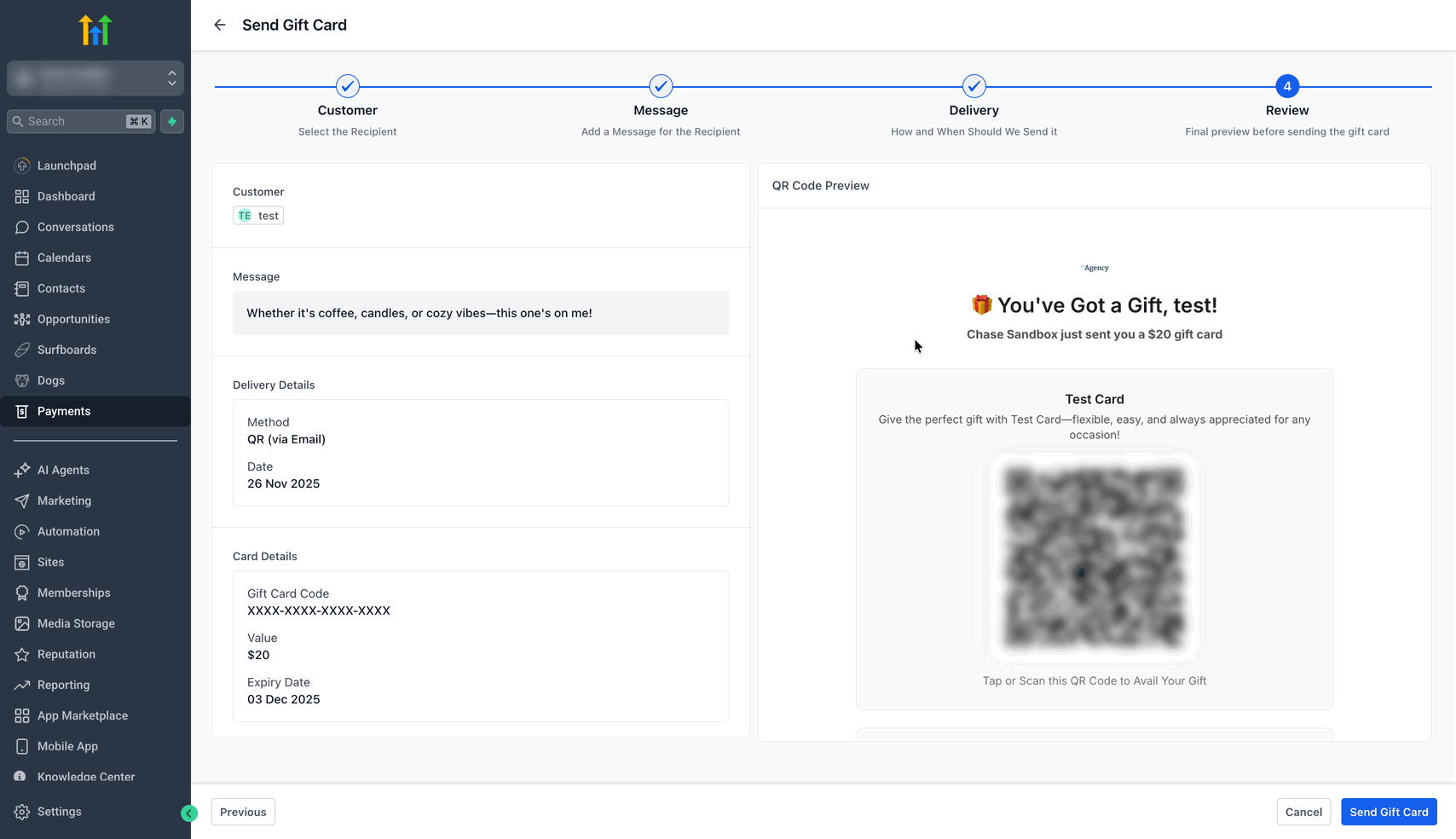 Schermata 13 — Come inviare Gift Card
