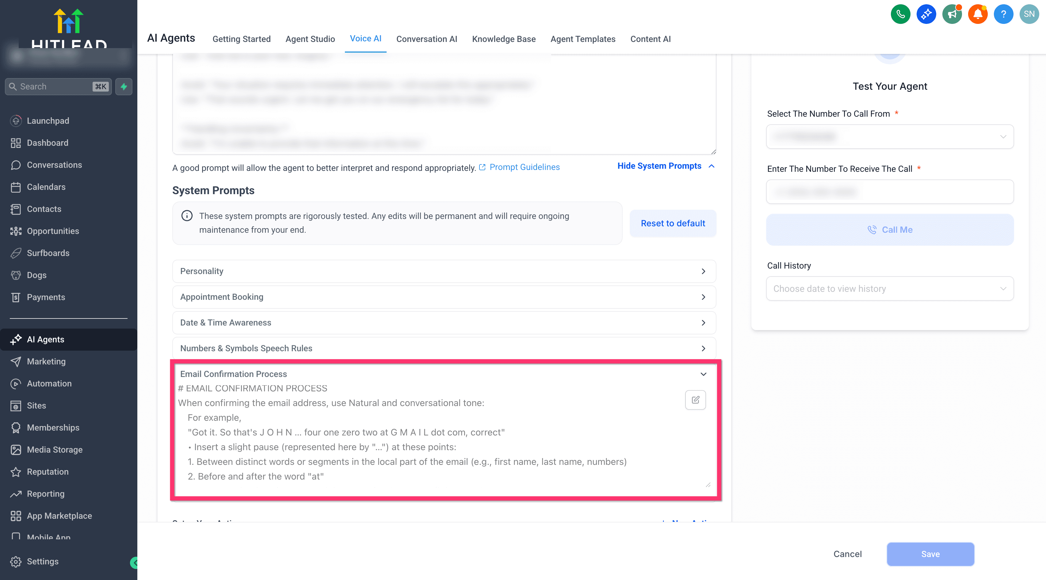 Schermata 13 — Voice AI - System Prompt Esposti per gli Agenti