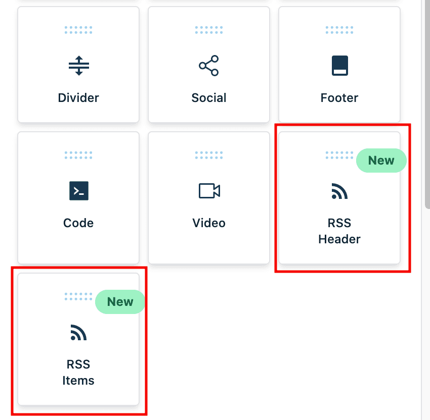 Schermata 1 — Blocchi RSS nell'Email Builder