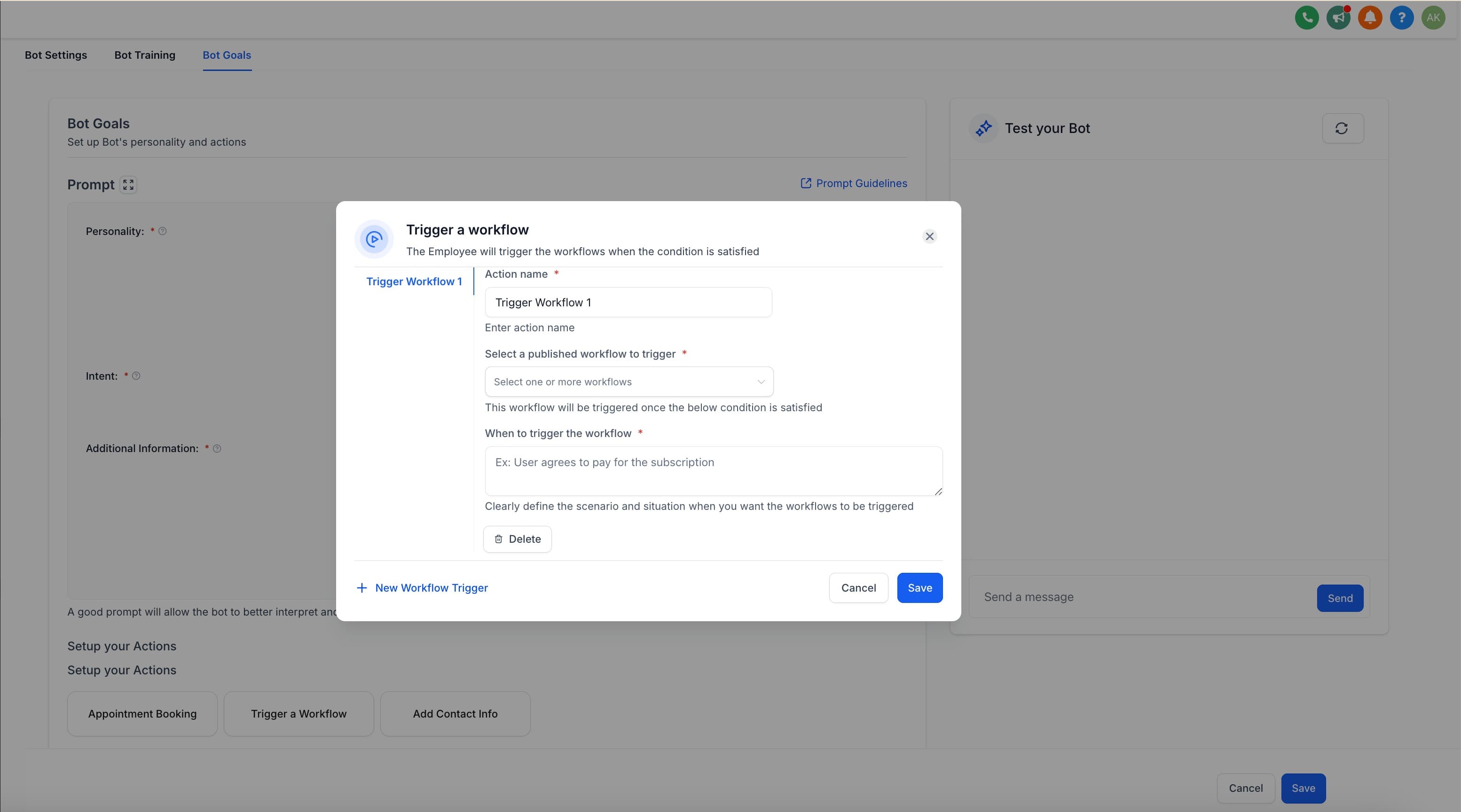 Schermata 4 — Attivare un Workflow all'interno di Conversation AI
