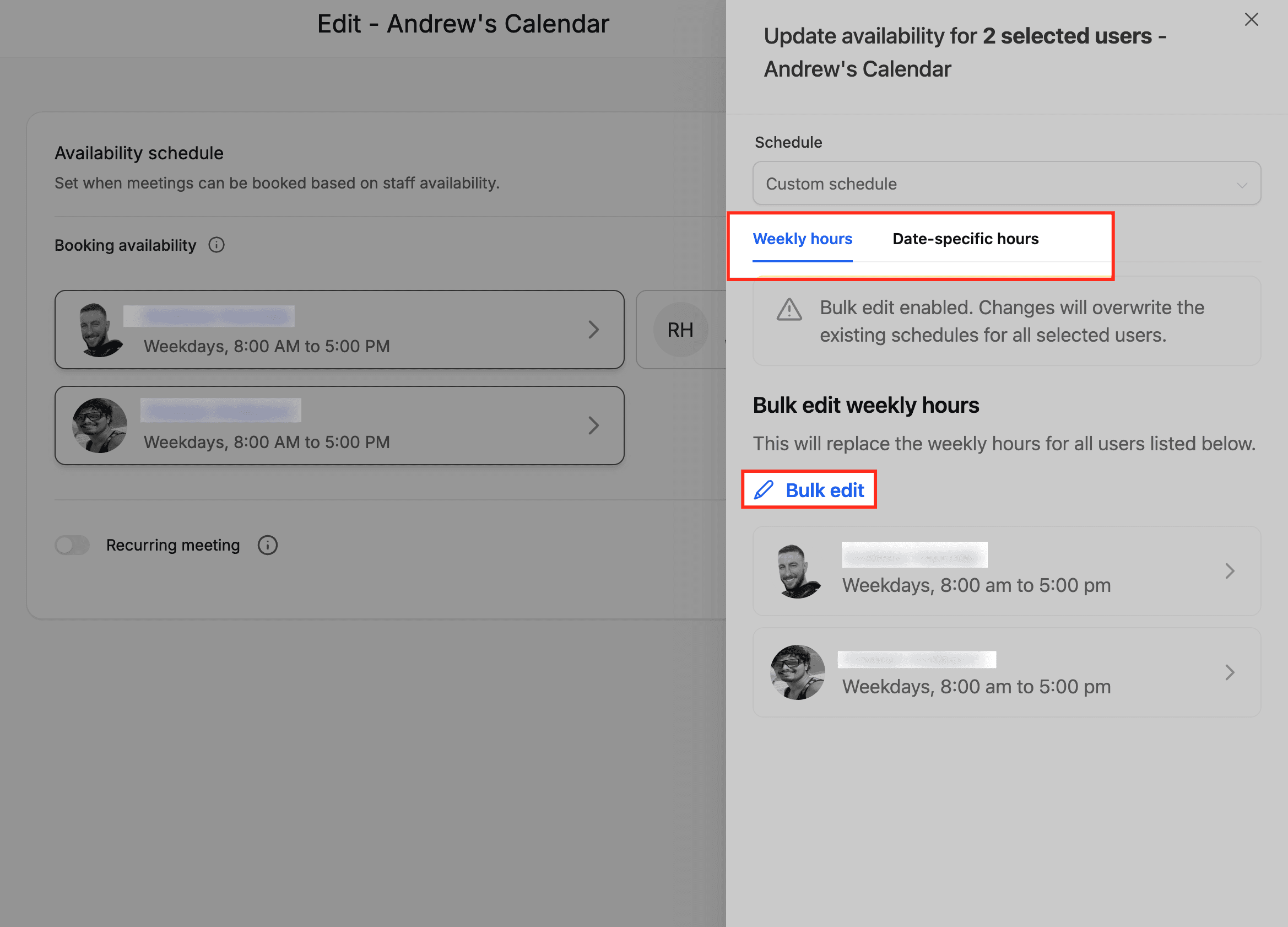 Schermata 5 — Come modificare in blocco la disponibilità del calendario per più membri del team