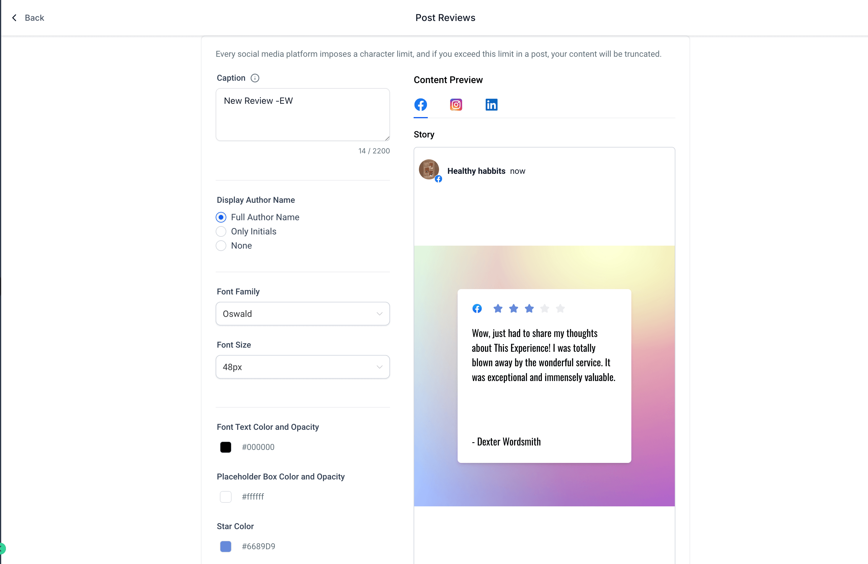 Schermata 4 — Condividi le tue recensioni come post sui social media con il Social Planner