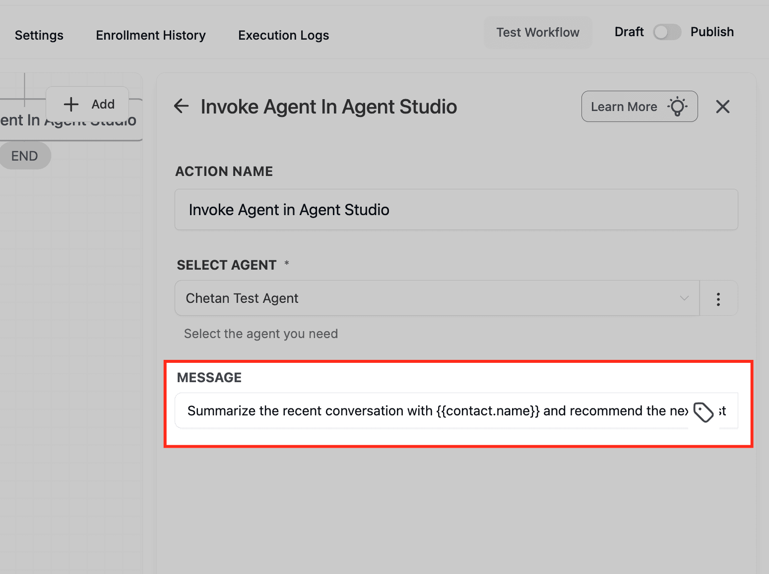 Schermata 8 — Workflow Action - Richiama un Agente di Agent Studio