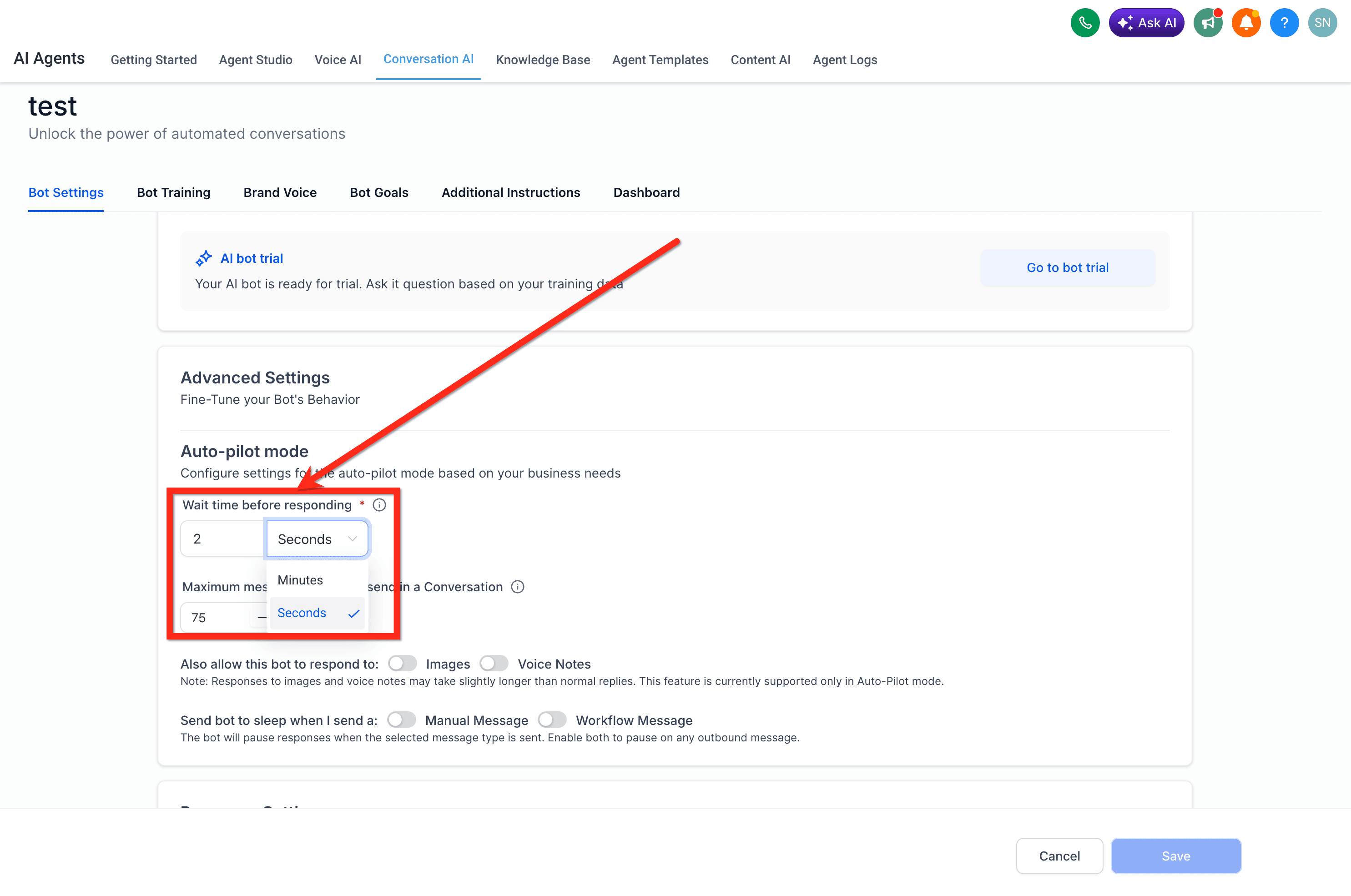 Schermata 3 — Conversation AI - Panoramica delle Impostazioni Avanzate