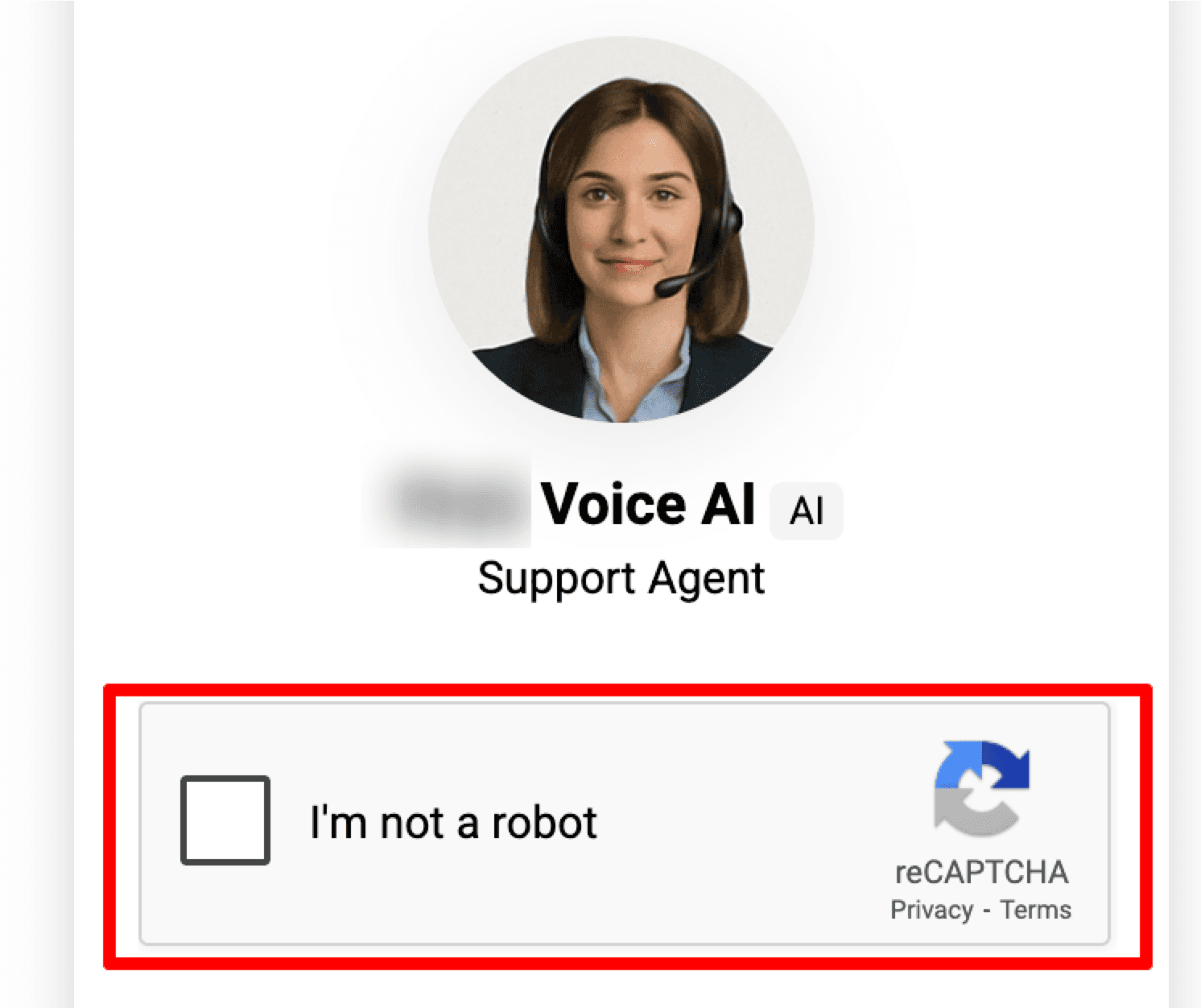 Schermata 1 — Protezione reCAPTCHA del Voice AI Chat Widget