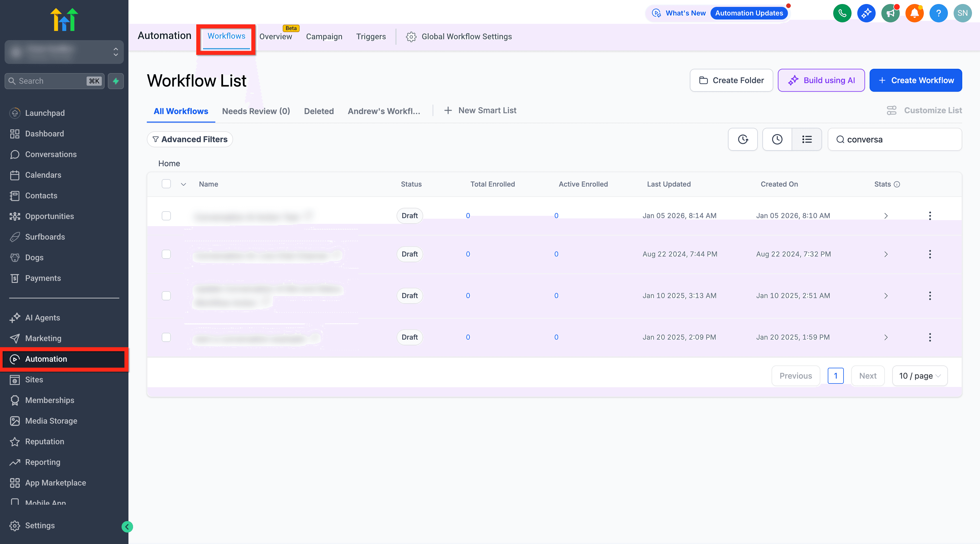 Schermata 1 — Azioni Workflow - Conversation AI