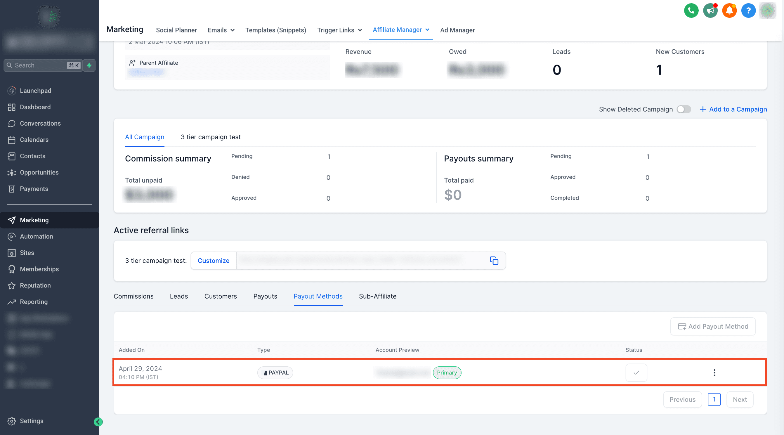 Schermata 3 — Come aggiungere/collegare un nuovo metodo di pagamento per gli Affiliati