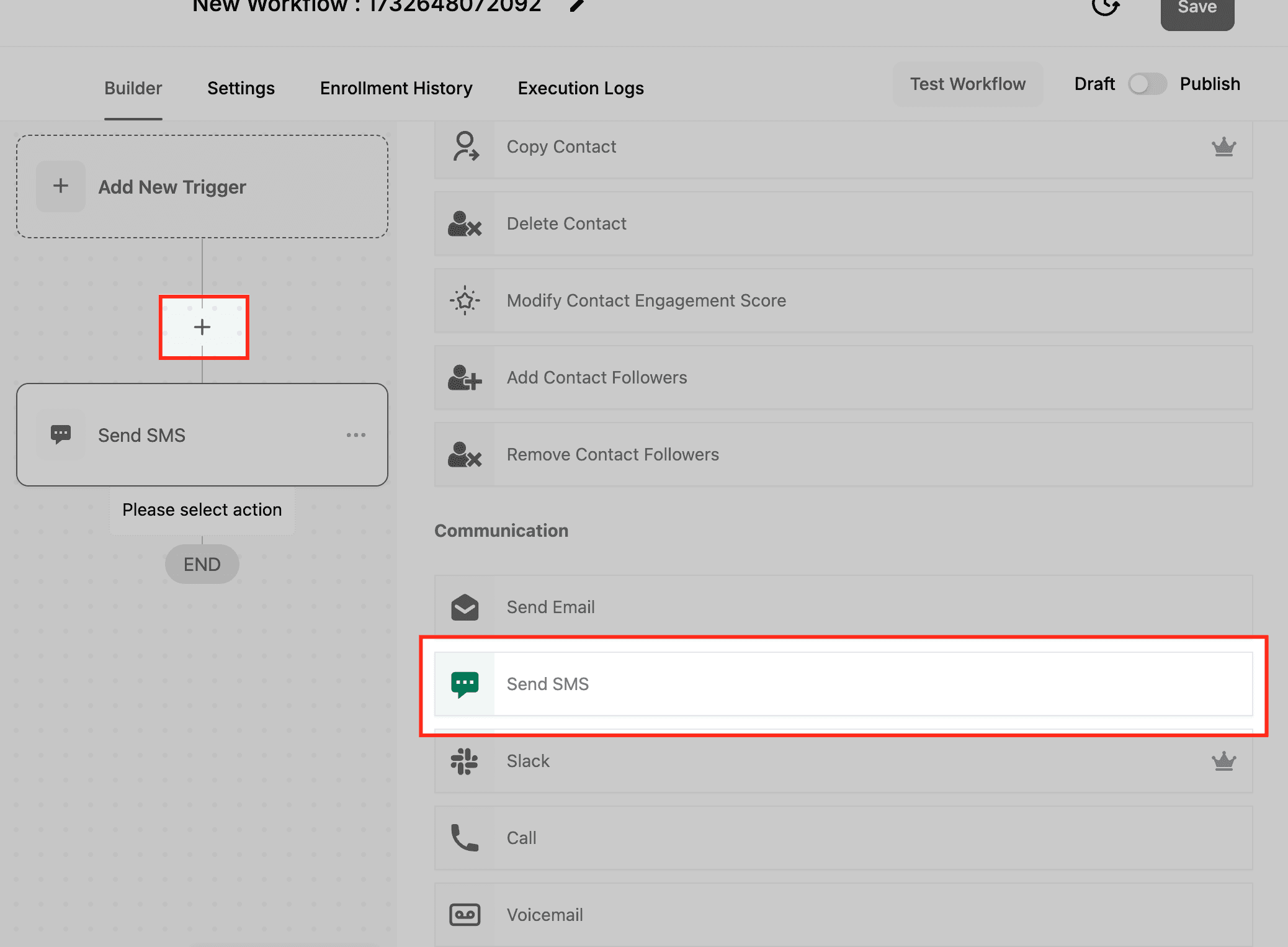 Schermata 2 — Azione Workflow - Invia SMS