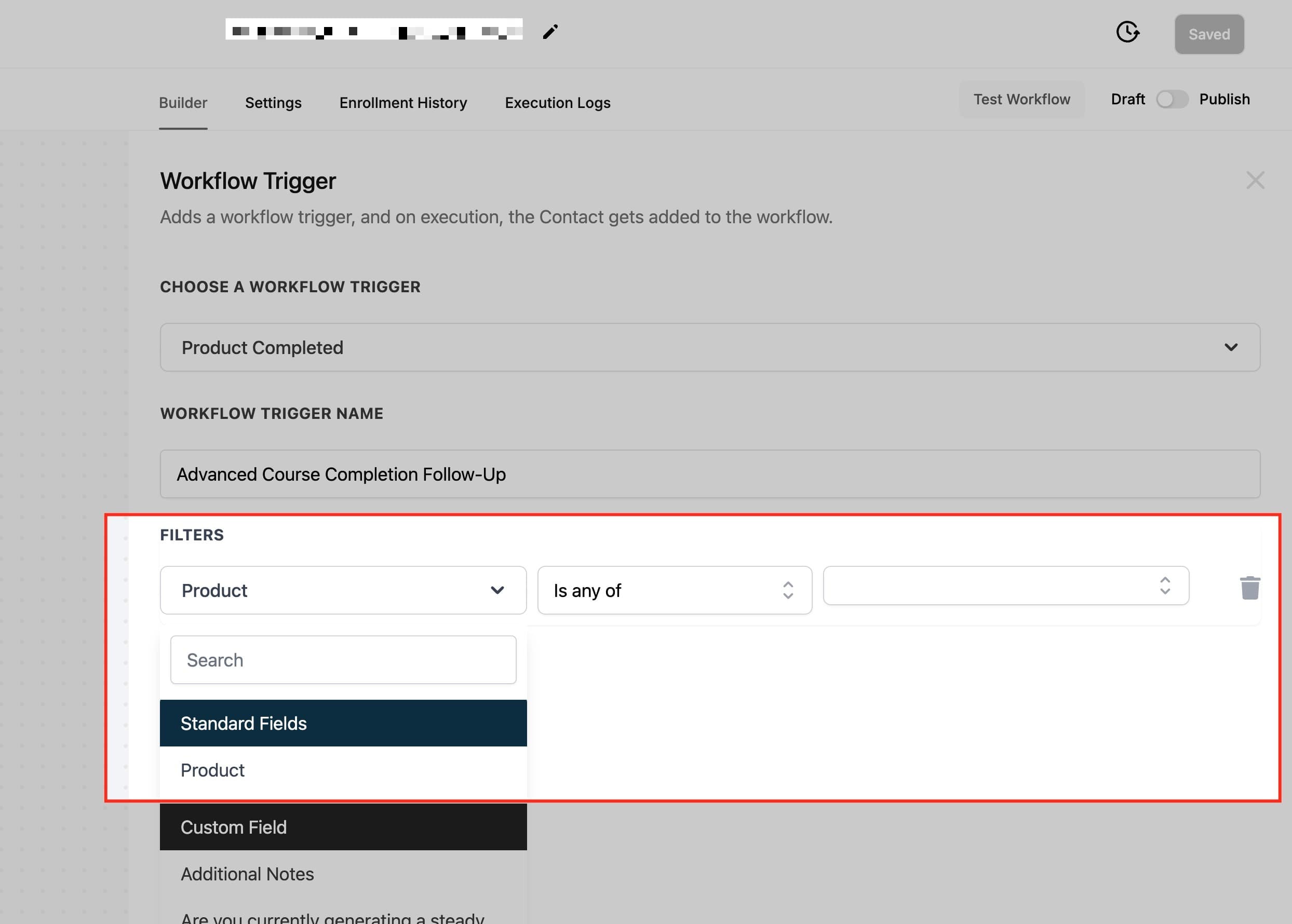 Schermata 3 — Workflow Trigger - Product Completed