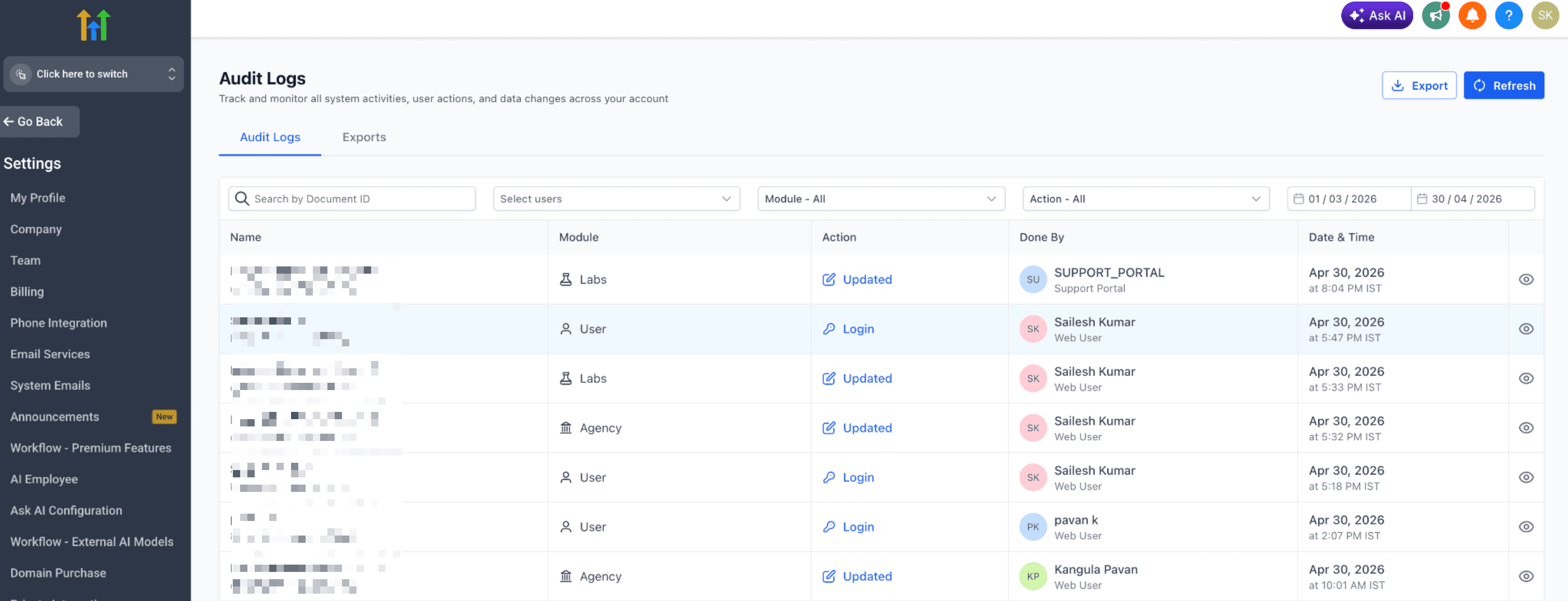Schermata 6 — Esportazione dei Log di Audit