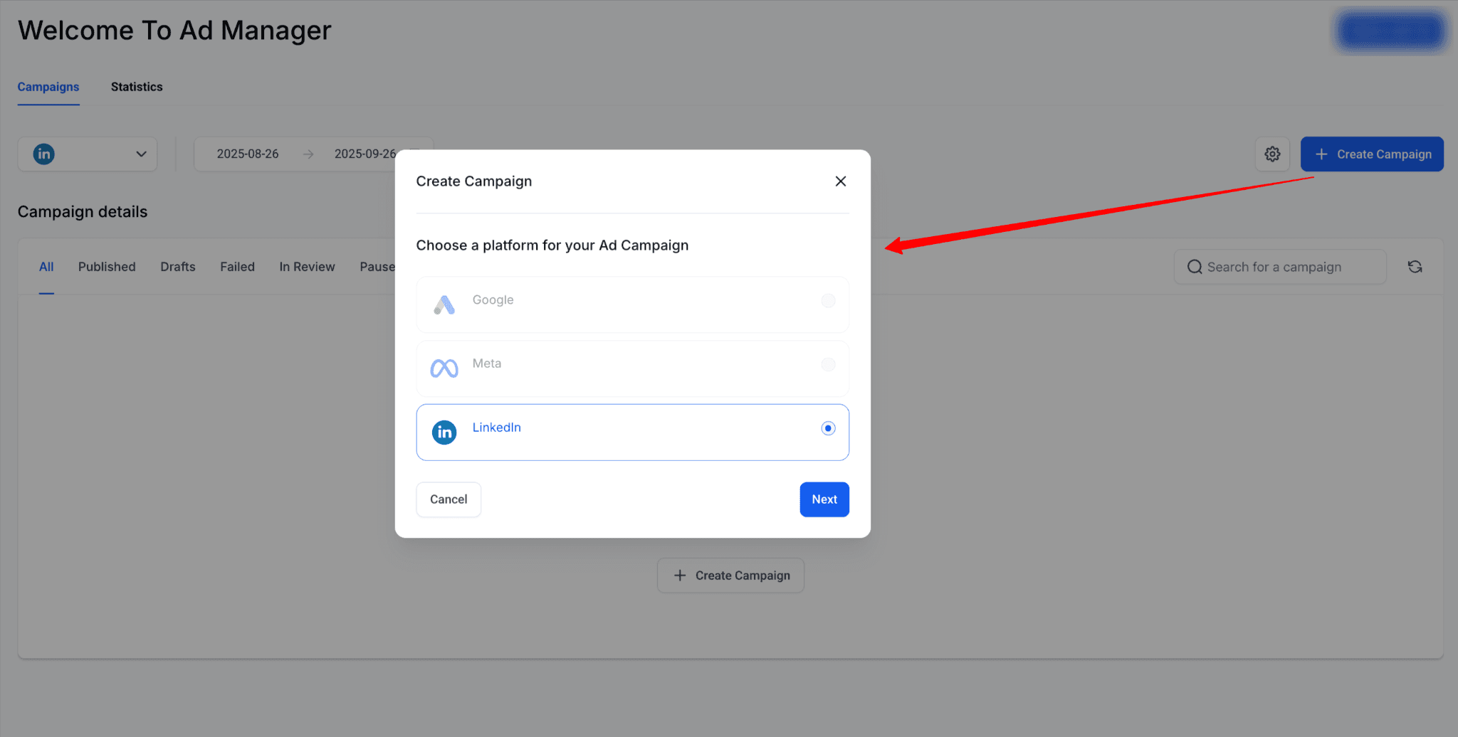 Schermata 1 — Come creare una campagna pubblicitaria LinkedIn in Ad Manager