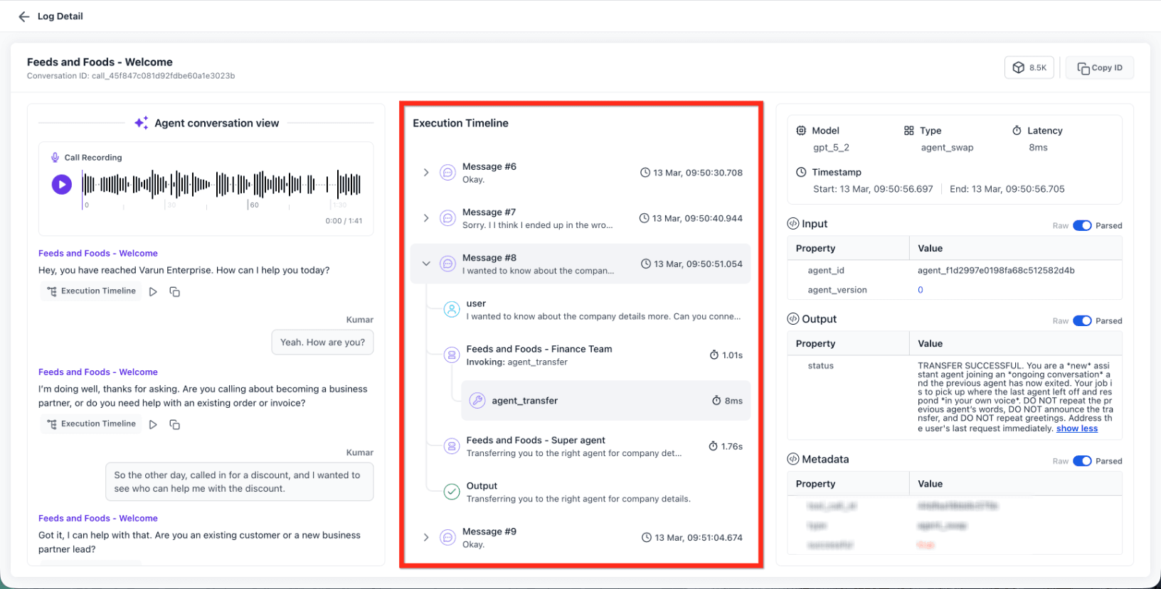 Schermata 6 — Log dell'Agente Voice AI e Dettagli delle Chiamate