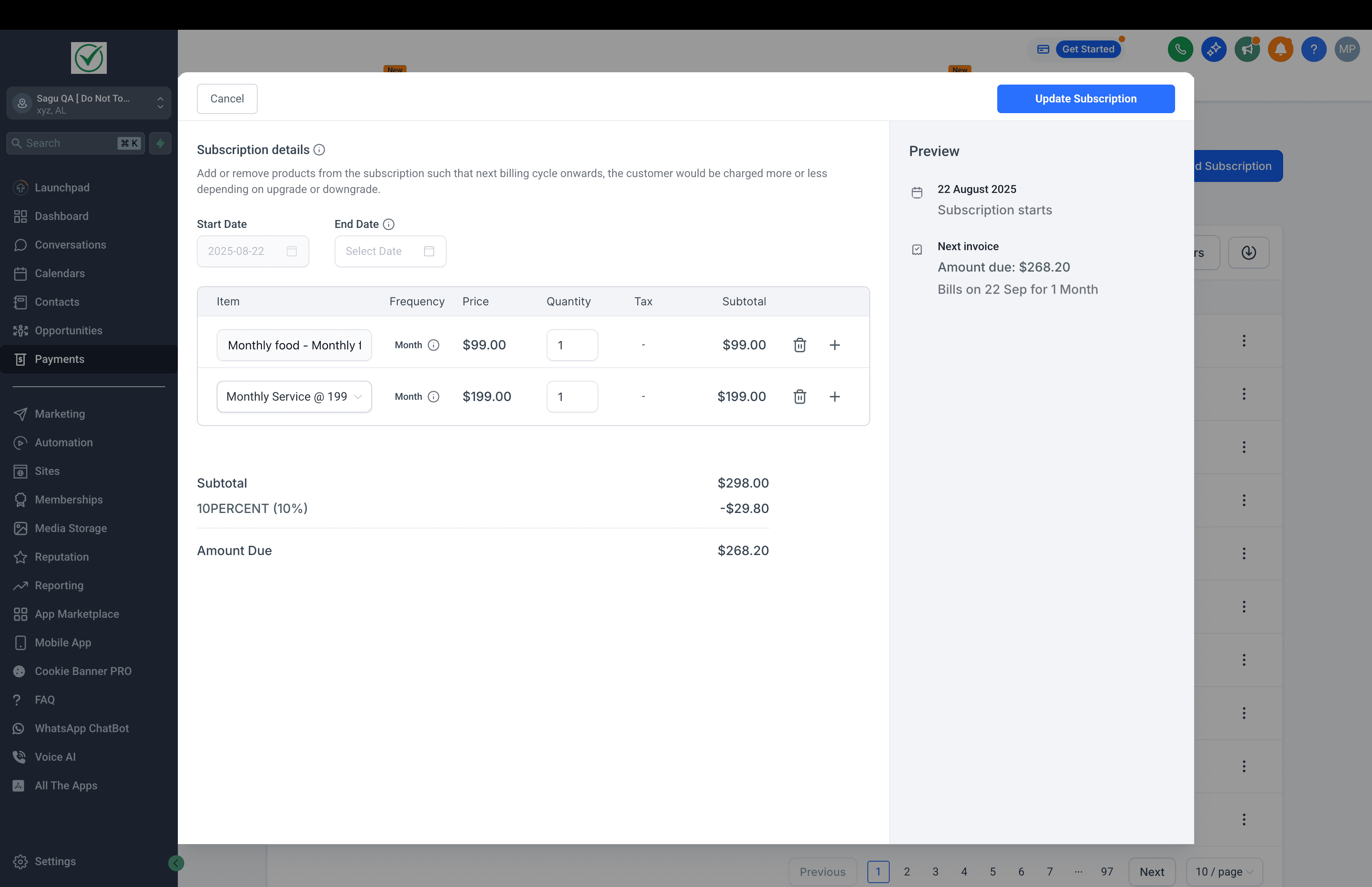 Schermata 6 — Come modificare le sottoscrizioni esistenti