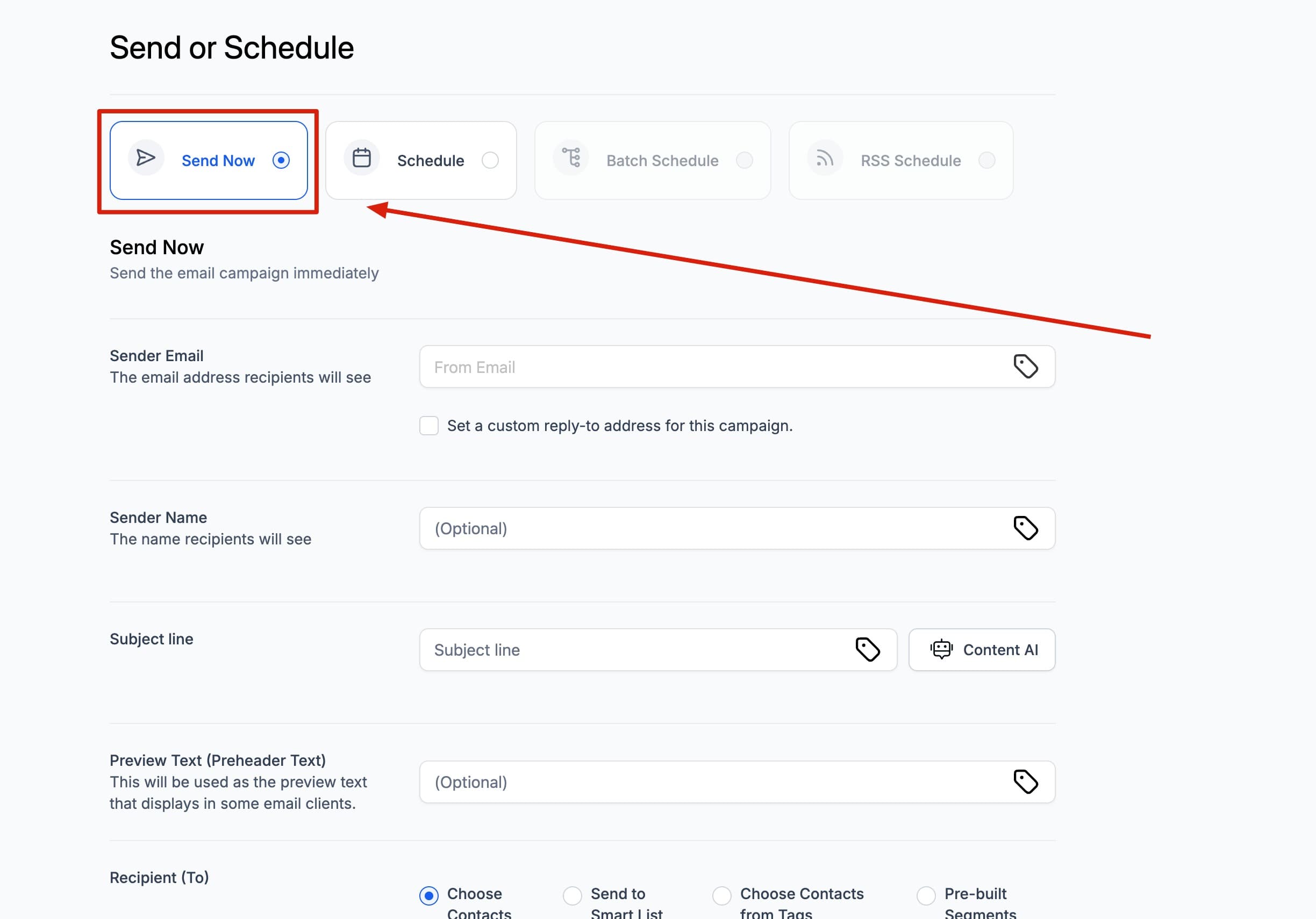 Schermata 1 — Metodi di Invio/Consegna Email - Send Now, Schedule, Batch, RSS Schedule