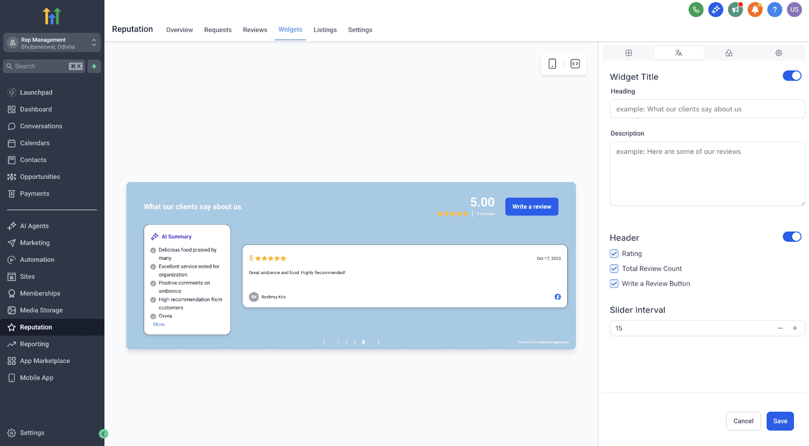 Schermata 4 — Gestione della Reputazione: Nuovi Tipi di Widget + Controllo Completo dei Riepiloghi AI