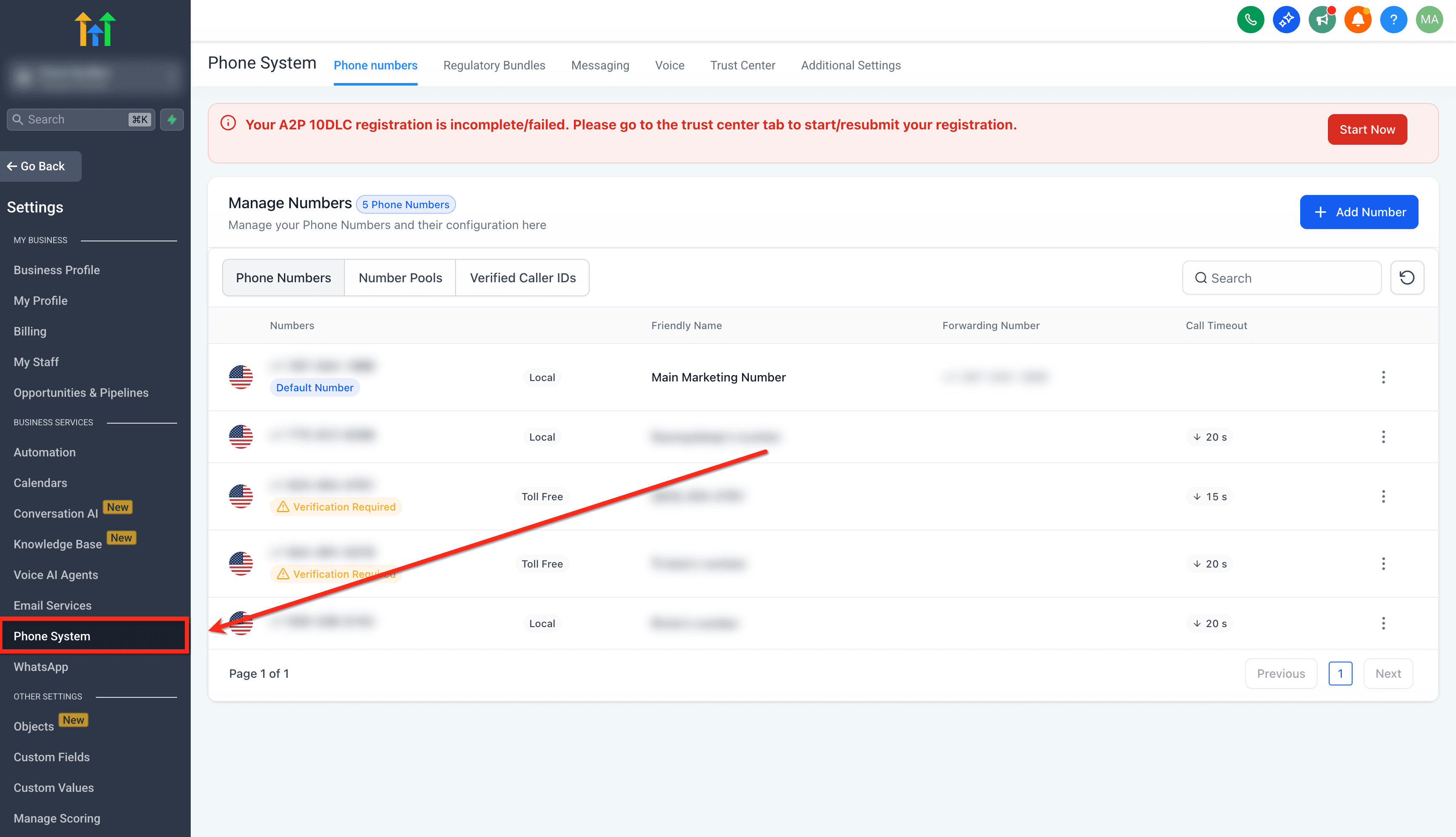 Schermata 2 — Come configurare le Impostazioni di conformità SMS