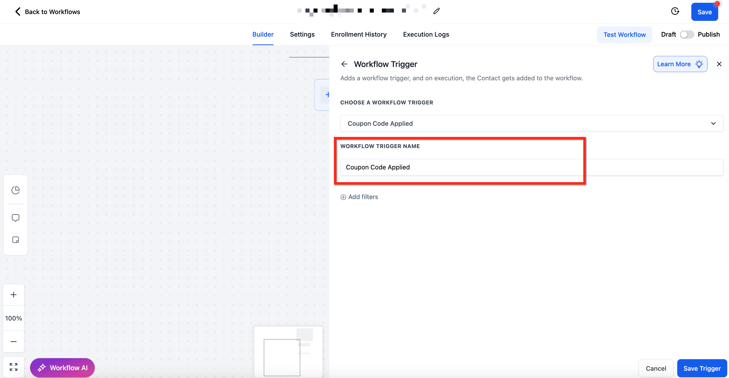 Schermata 3 — Trigger Workflow - Codice Coupon Applicato