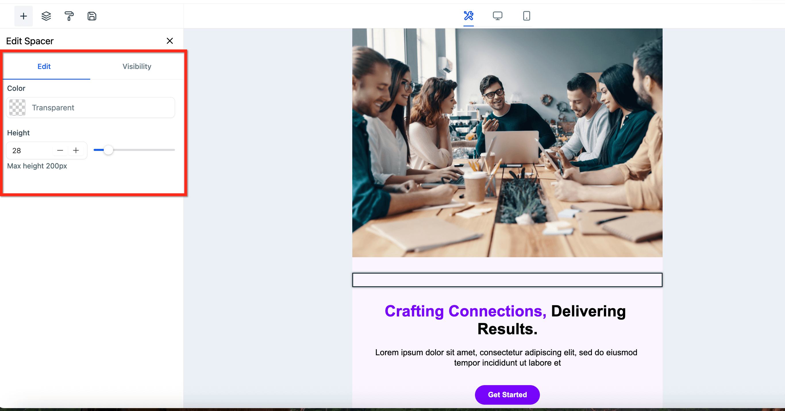 Schermata 4 — Elemento Spacer nell'Email Builder